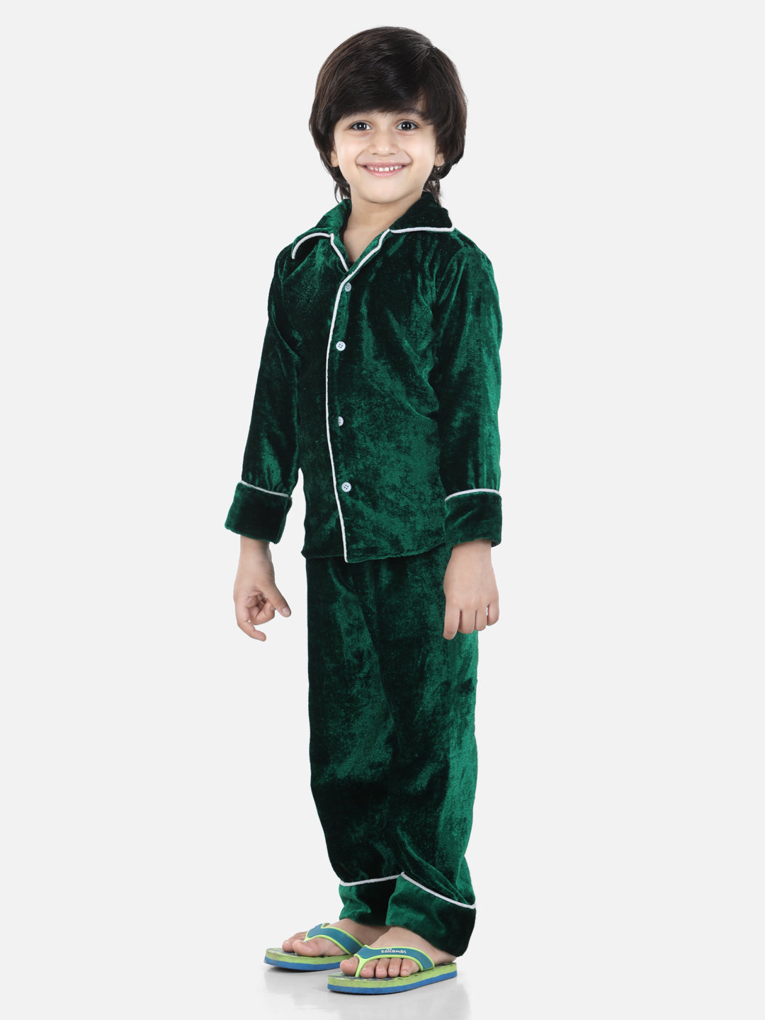 BownBee Full Sleeve Velvet UniSex Night Suit- Green