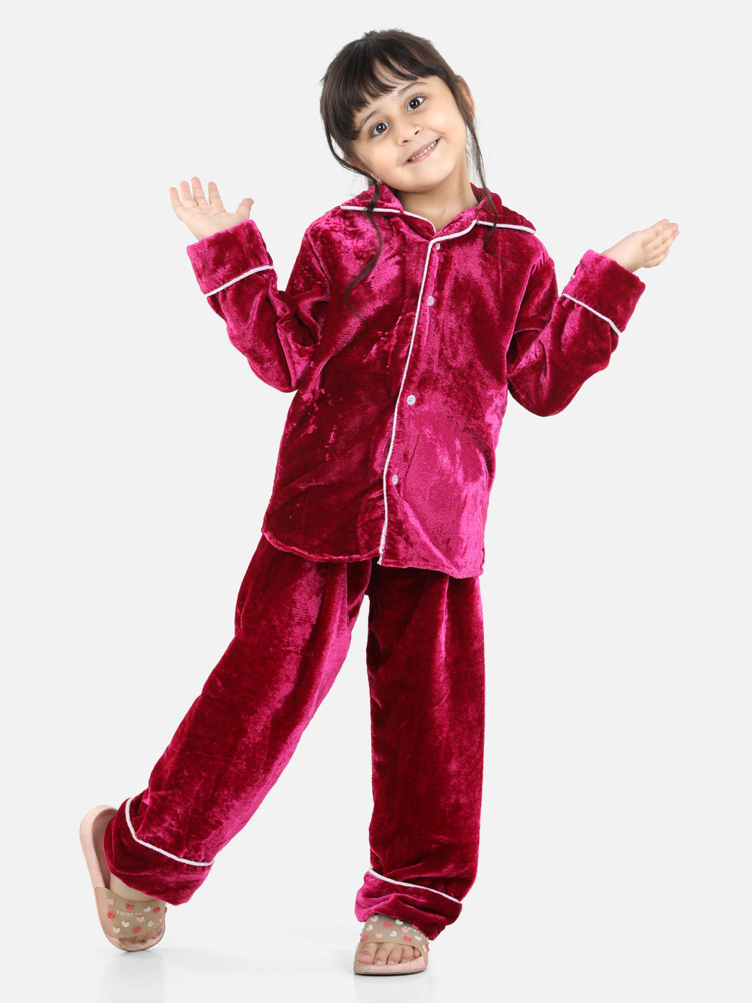 BownBee Full Sleeve Velvet UniSex Night Suit- Pink