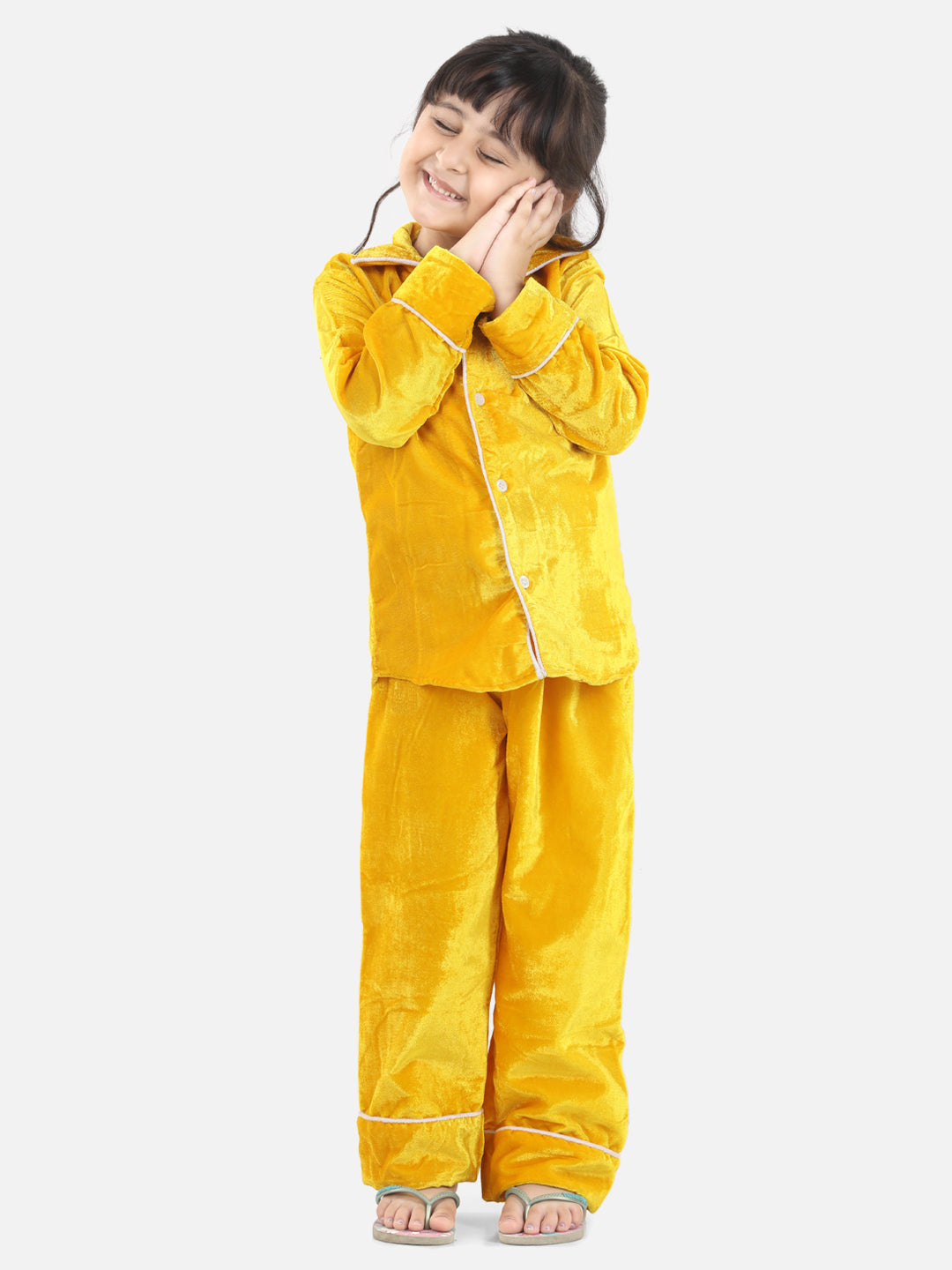 BownBee Full Sleeve Velvet UniSex Night Suit- Yellow