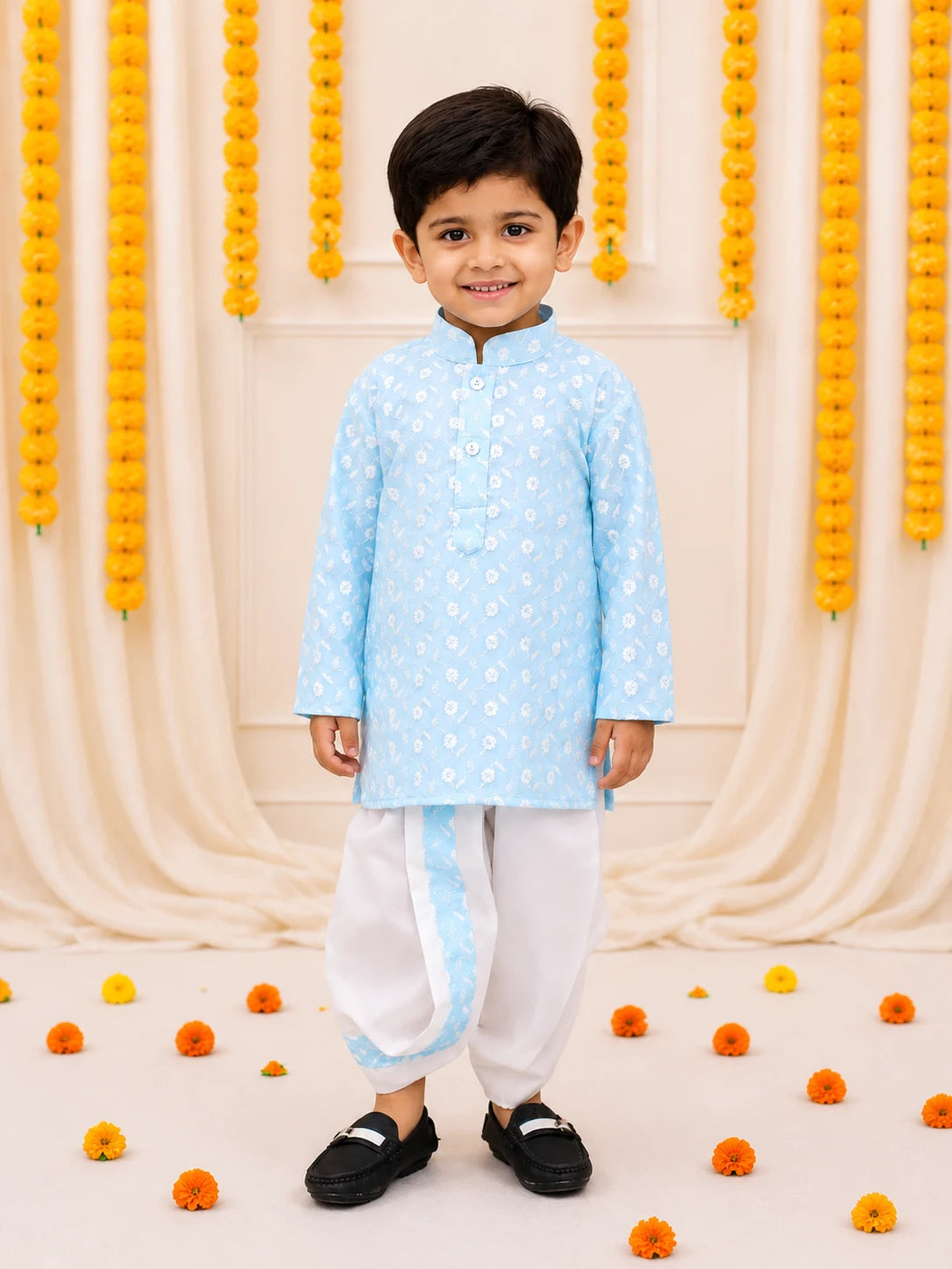 Bownbee Chikan Cotton Full Sleeve Dhoti Kurta For Boys