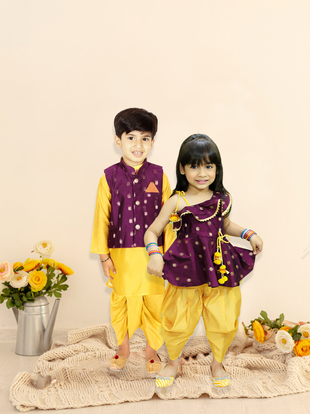 BownBee Chanderi Jacket with Chanderi Dhoti Kurta for Boys andOne Shoulder Chanderi Silk  Peplum with Dhoti for Girls- Purple