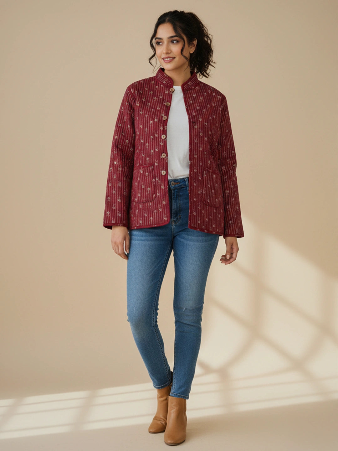 BownBee Pure Cotton Printed Quilted & Reversible Jackets For Women - Red