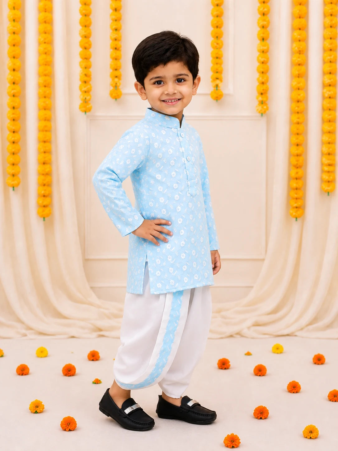 Bownbee Chikan Cotton Full Sleeve Dhoti Kurta For Boys