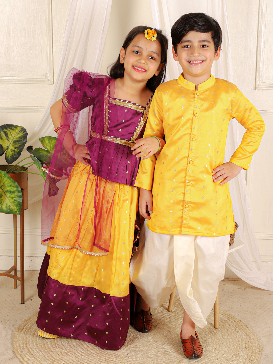 BownBee Puff Sleeve Purple Top Lehenga with Dupatta for Girls and Full Sleeve Festive Dhoti Kurta for Boys-Yellow