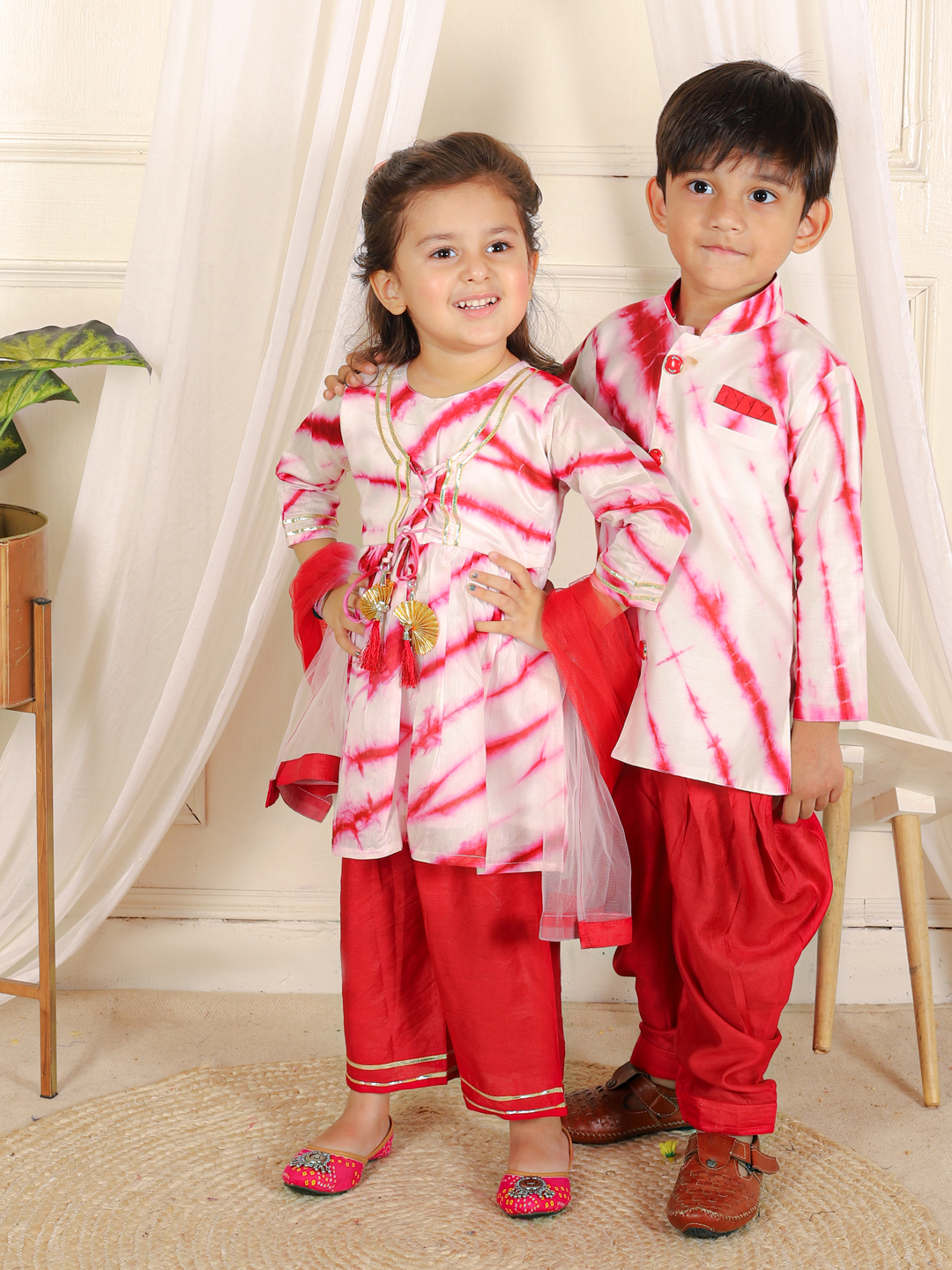 BownBee Sibling Hand Dyed Chanderi Silk Sherwani Salwar For Boys-Kurti Pant with Dupatta for Girls Red