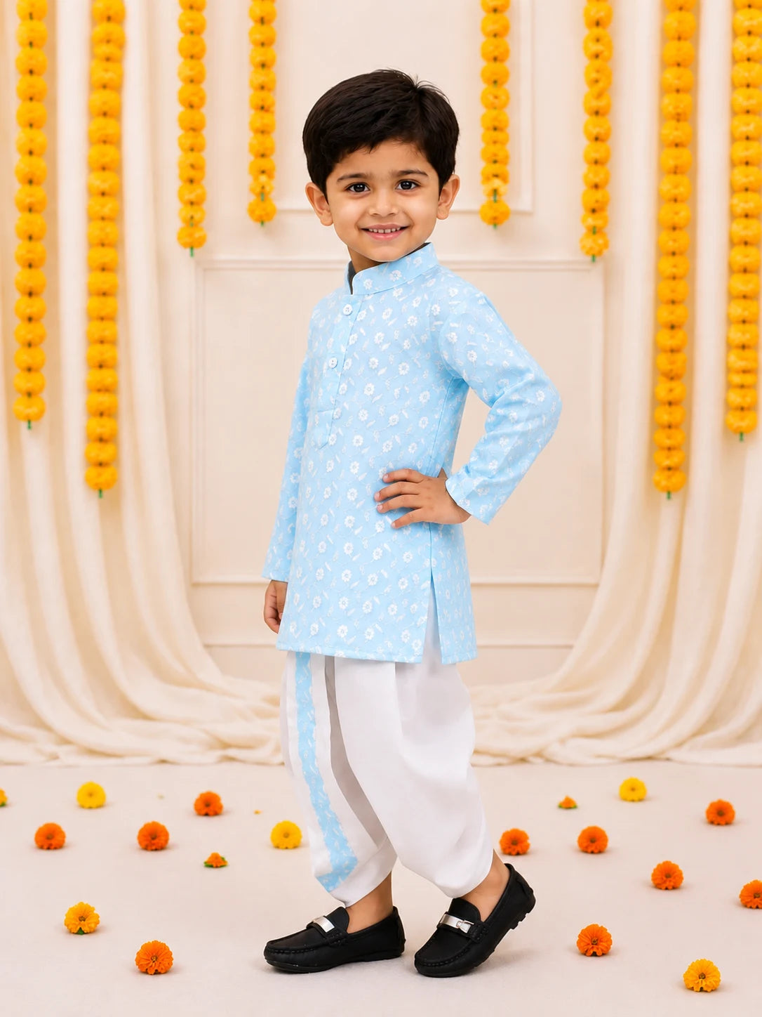 Bownbee Chikan Cotton Full Sleeve Dhoti Kurta For Boys