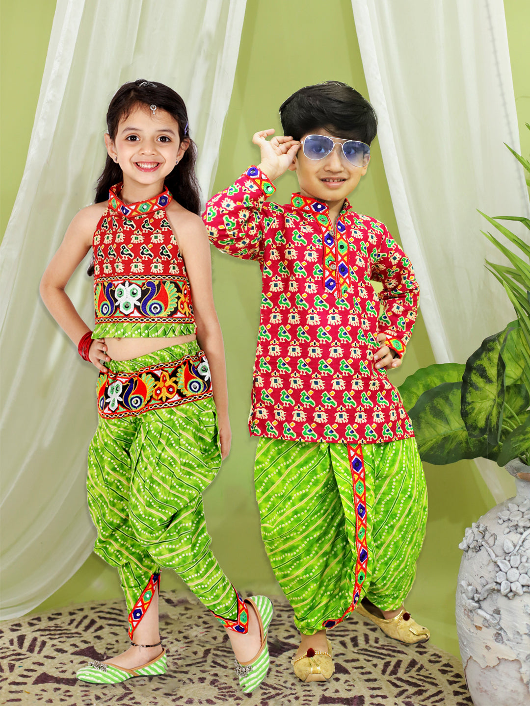 BownBee Printed Cotton Kurta with Dhoti for Boys and Halter Neck Printed Cotton Choli With Dhoti for Girls- Maroon