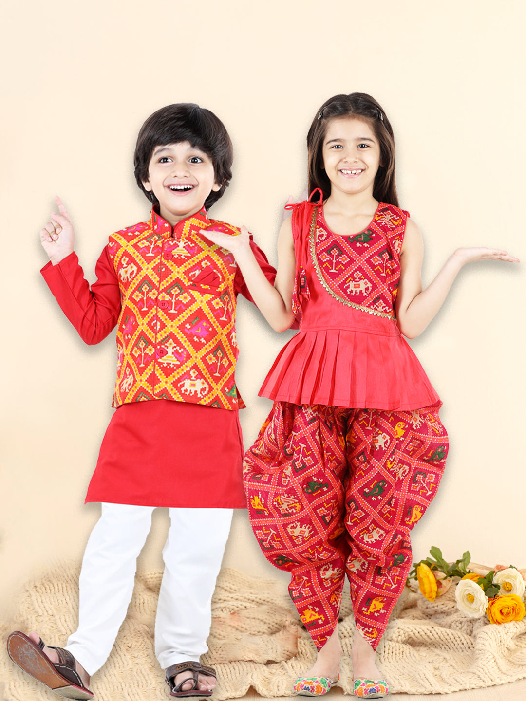 BownBee Sibling set of Patan Patola Jacket Kurta Pajama and Patch Top and Dhoti-Pink