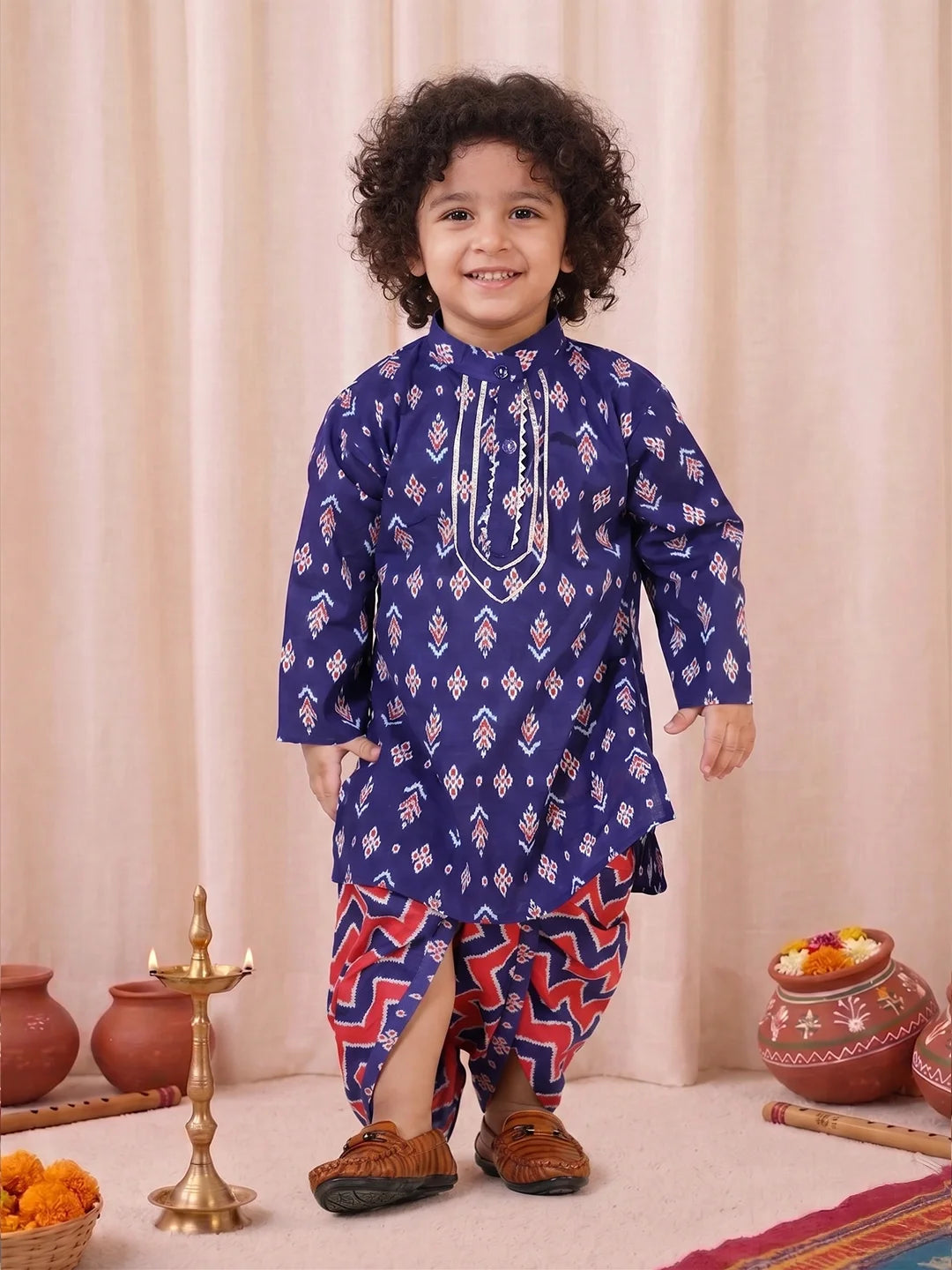 BownBee Pure Cotton Purple Geometric Print Family Matching Ethnic Combo Set
