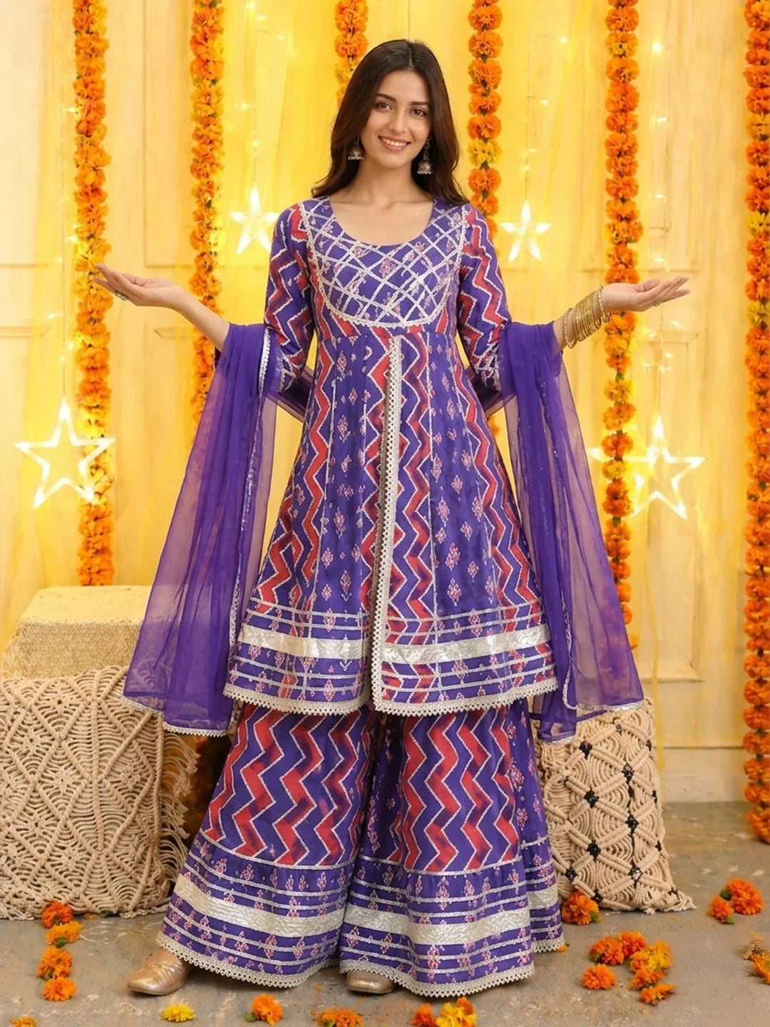 BownBee Pure Cotton Purple Geometric Print Family Matching Ethnic Combo Set