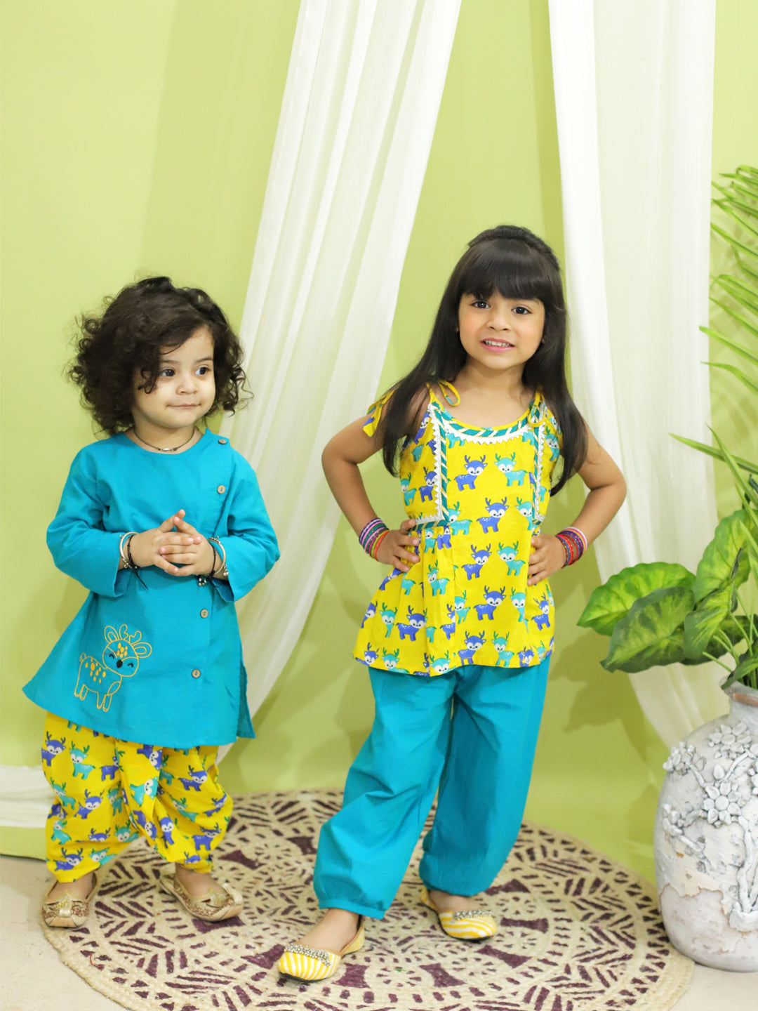 BownBee Sibling Set Embroidered Pure Cotton Kurta with Printed Dhoti for Boys with Deer Print Pure Cotton Top Harem Set for Girls