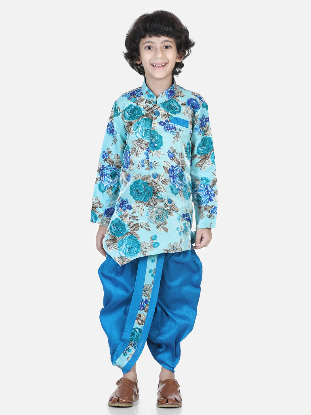 BownBee Boys Printed Sherwani Dhoti Set for Boys - Blue