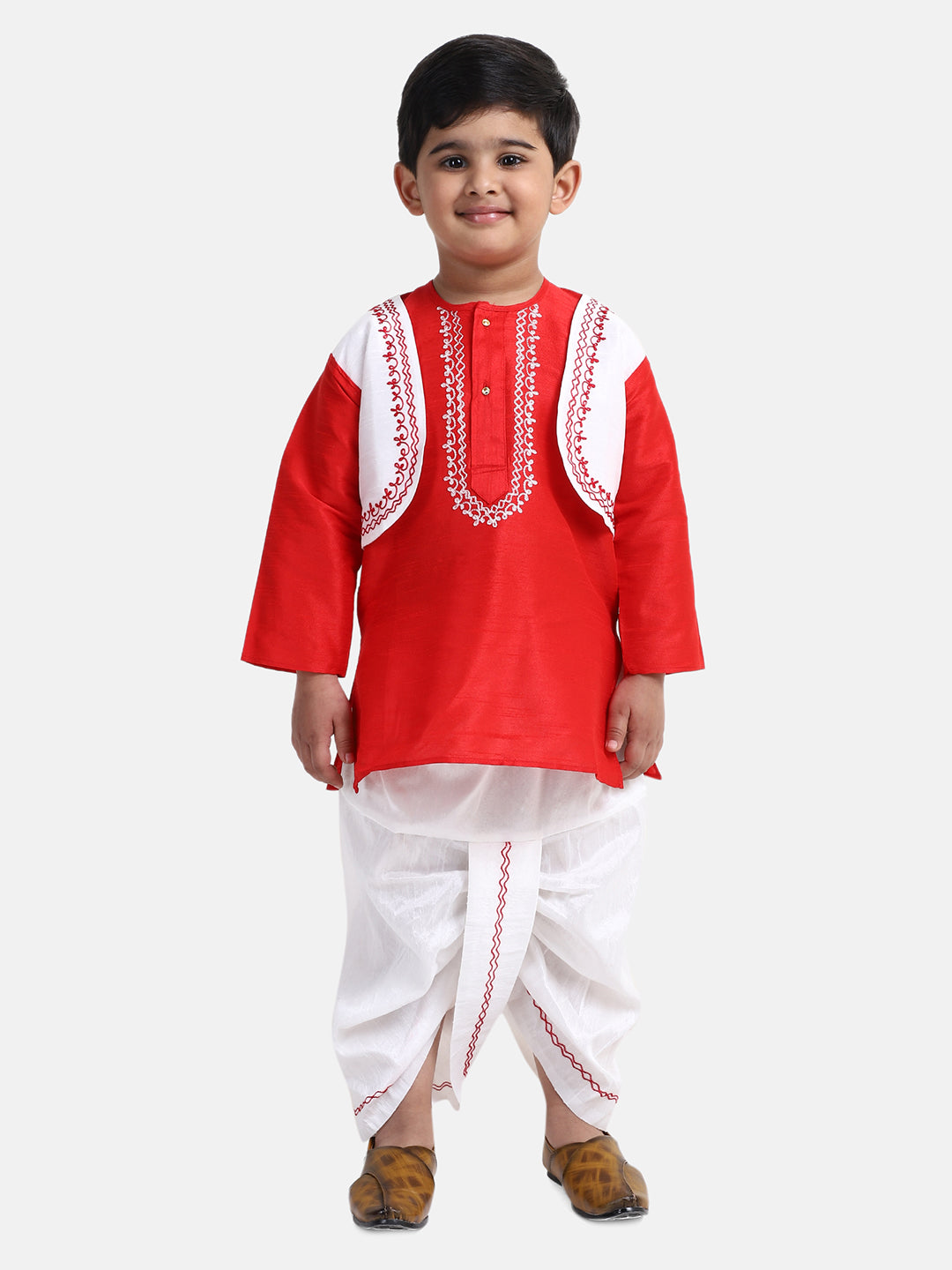 BownBee Full Sleeves Placement Embroidered Kurta With Attached Jacket And Dhoti - Red