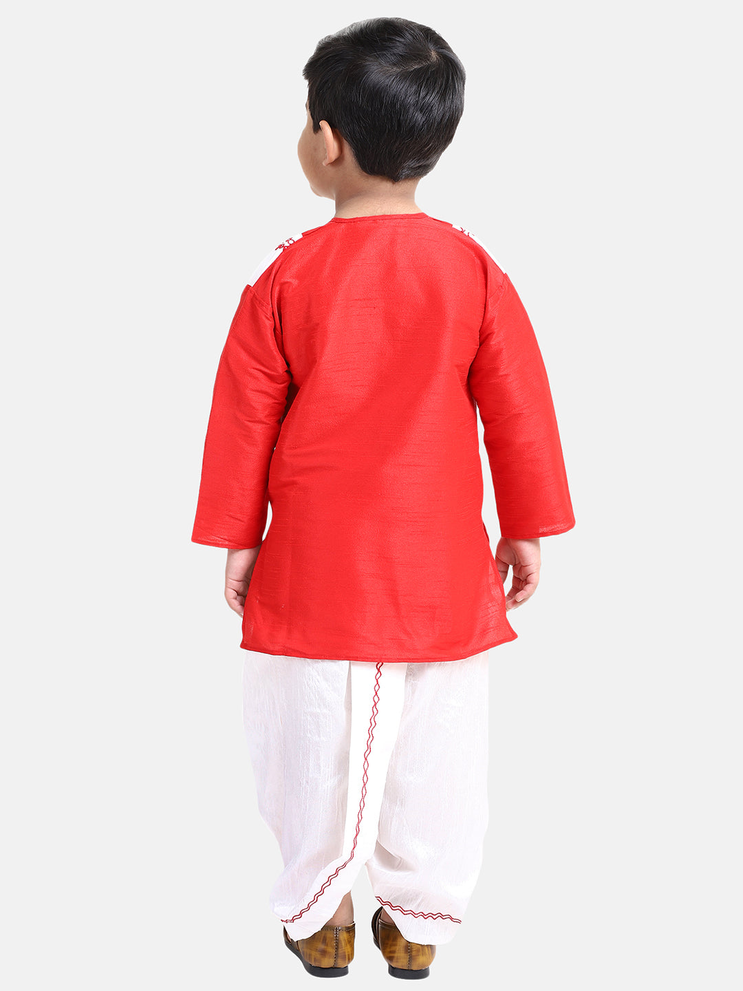 BownBee Full Sleeves Placement Embroidered Kurta With Attached Jacket And Dhoti - Red