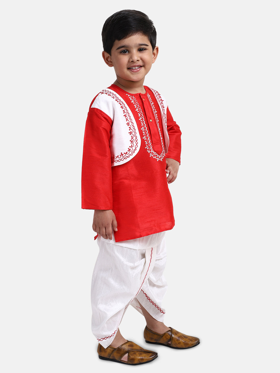 BownBee Full Sleeves Placement Embroidered Kurta With Attached Jacket And Dhoti - Red