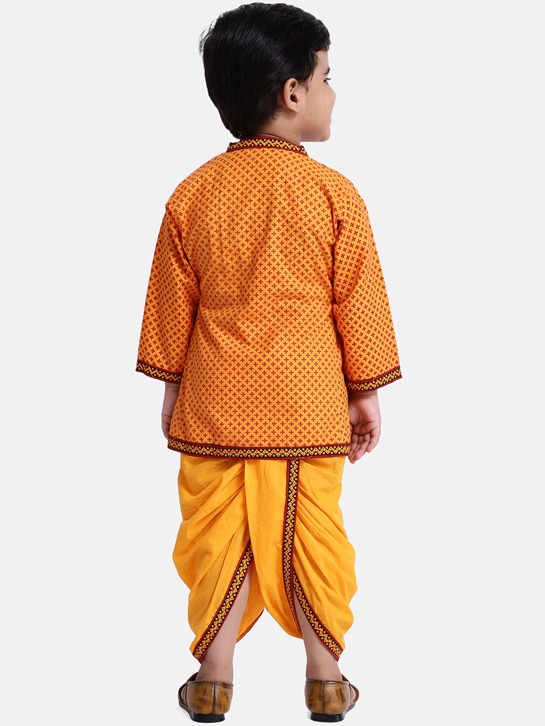 BownBee Full Sleeves Lattice All Over Printed Angrakha Kurta With Trim Detail Dhoti Set - Yellow