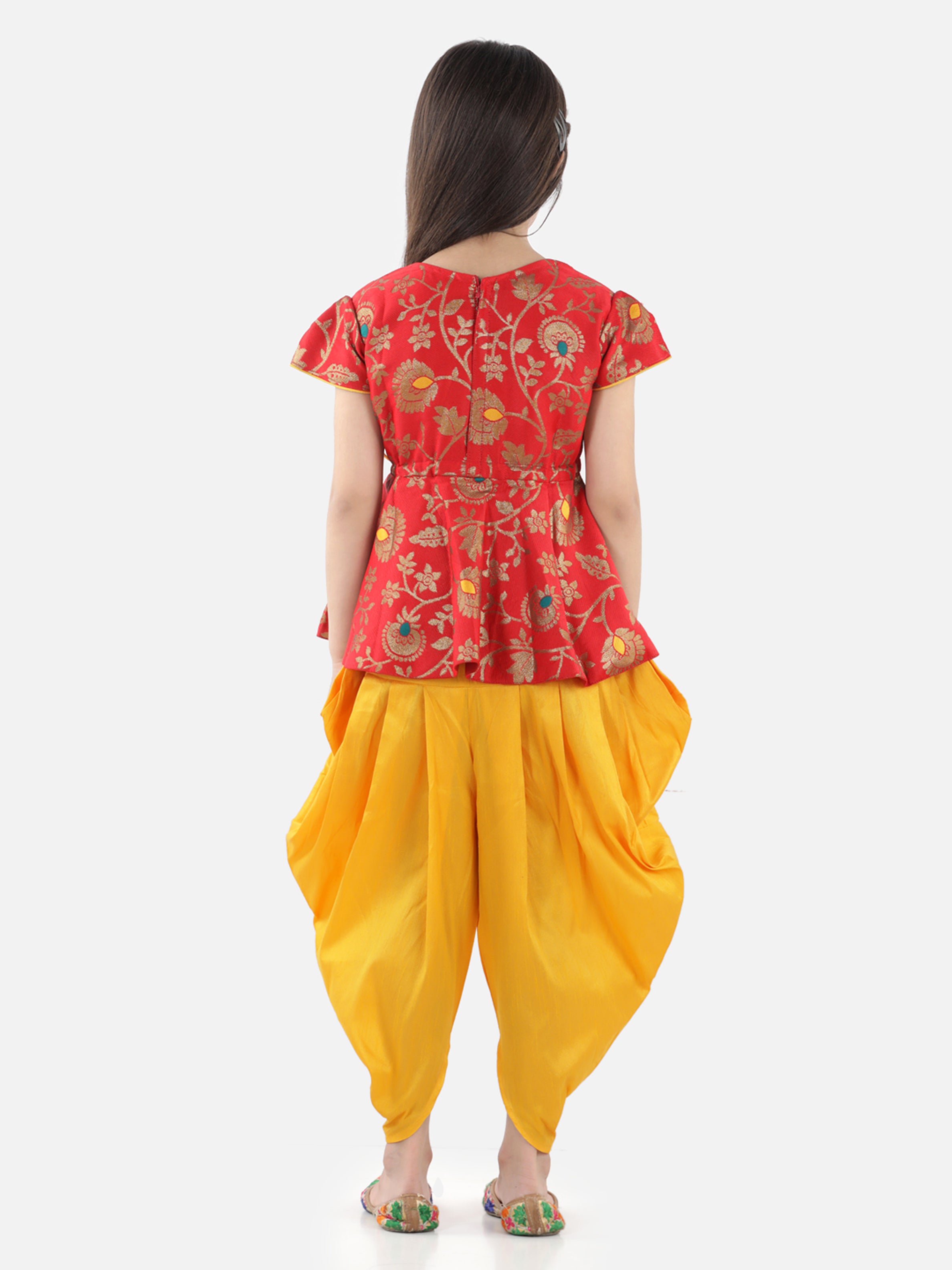 BownBee Short Sleeves Floral Jacquard Peplum Top With Solid Dhoti Pants -Super Sale