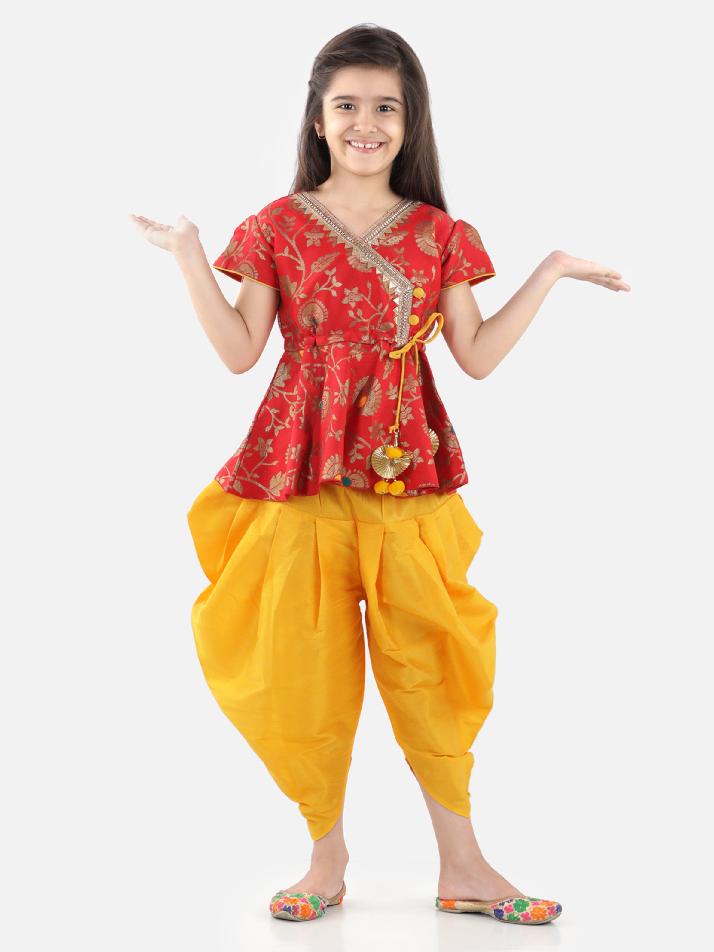 BownBee Short Sleeves Floral Jacquard Peplum Top With Solid Dhoti Pants -Super Sale