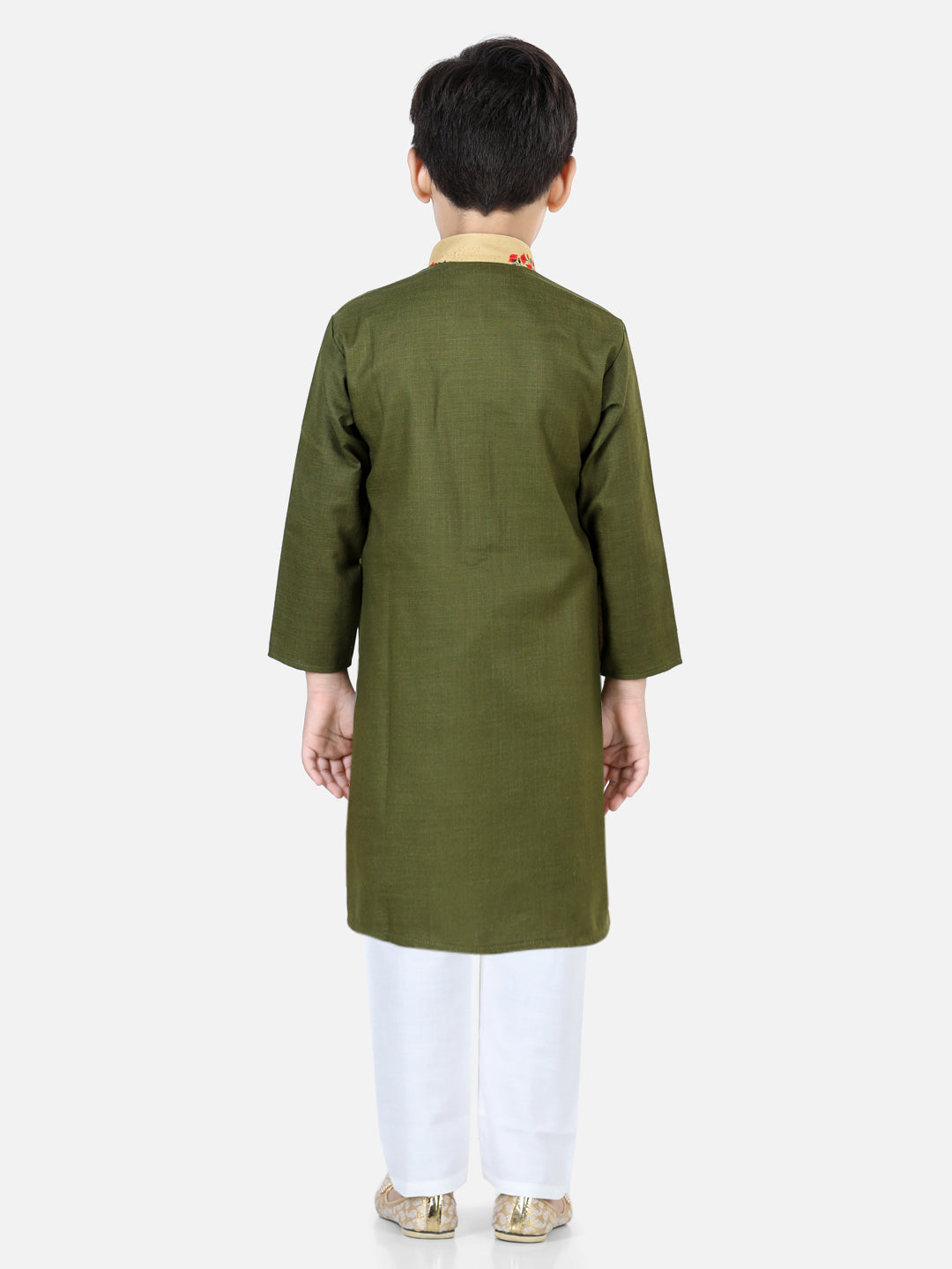 BownBee Full Sleeves Solid Kurta With Floral Printed Attached Jacket And Pyjama - Green Yellow