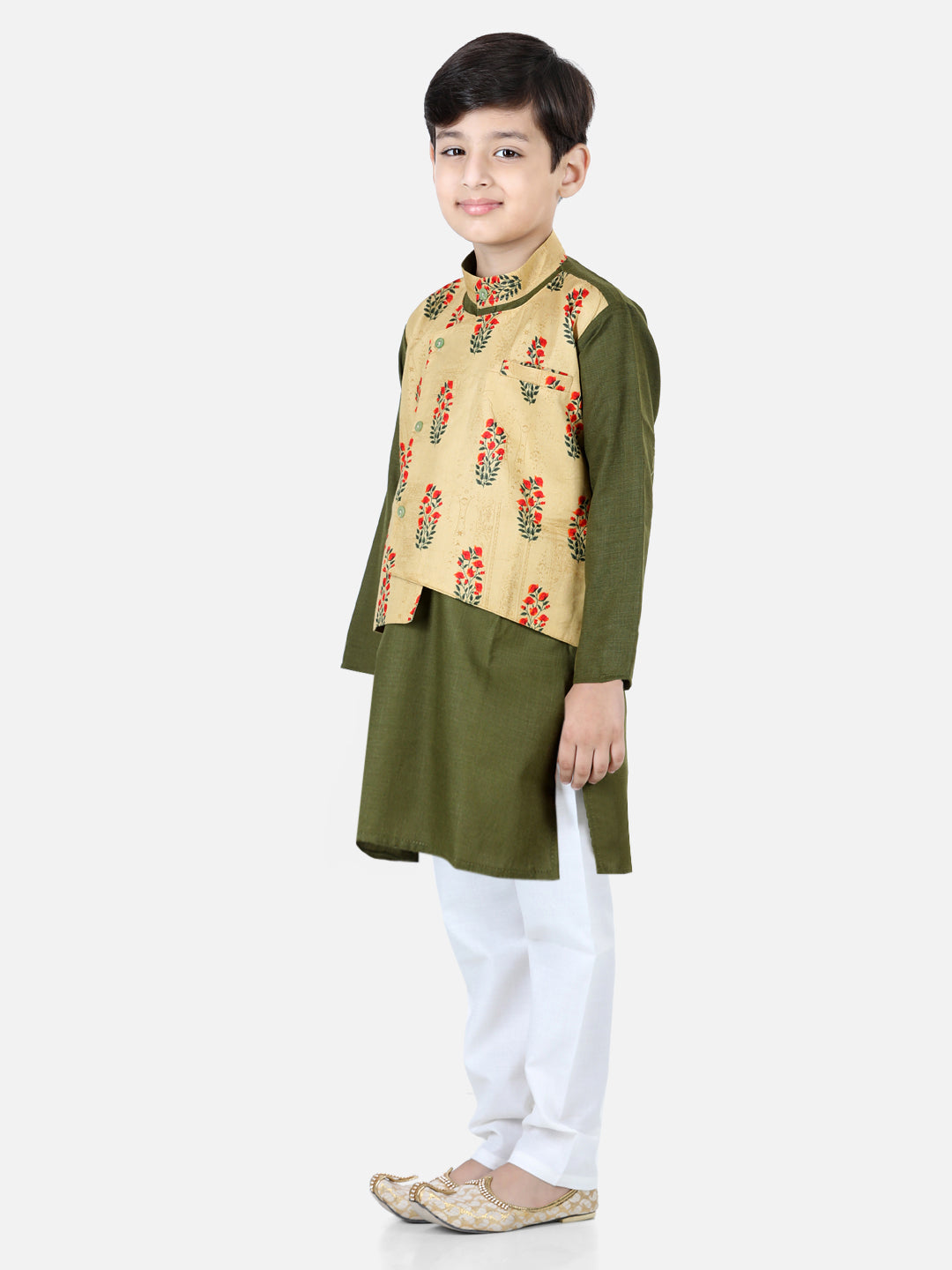 BownBee Full Sleeves Solid Kurta With Floral Printed Attached Jacket And Pyjama - Green Yellow