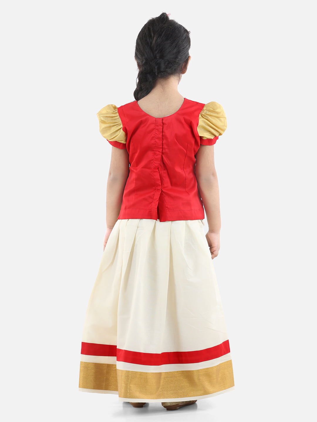 BownBee Puffed Sleeves Broad Border Striped Detail Pavda Pattu Lehenga Choli - Red