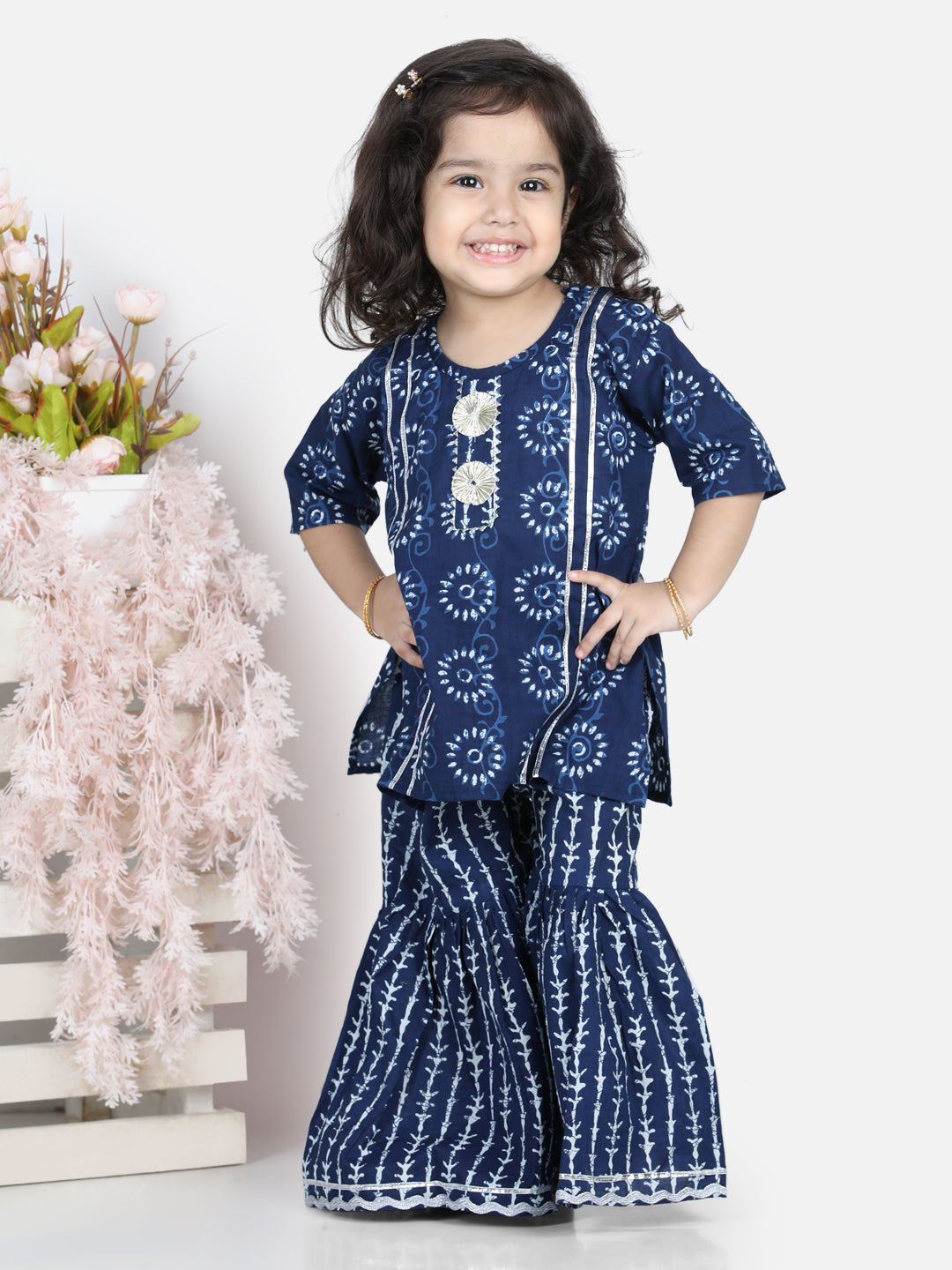 BownBee 100% Pure Cotton Full Sleeves Three Fourth Sleeves Gota  Flower Embellished Swirl Designed Kurta With Seamless Striped Design Detailed Sharara -Super Sale