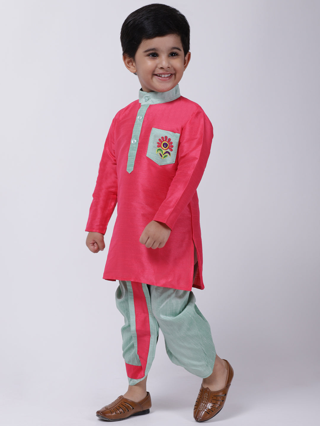 BownBee Flower Embroiodered Full Sleeves Kurta & Dhoti Set - Pink