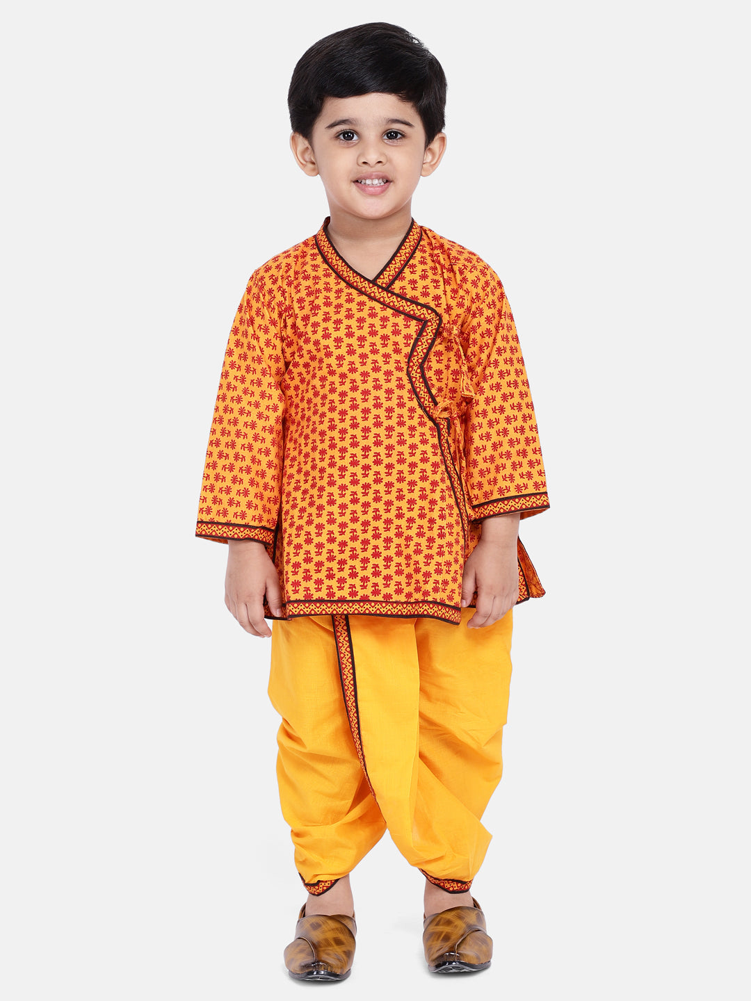 BownBee Jaipuri Print Full Sleeves Angrakha Style Kurta & Dhoti Set - Yellow