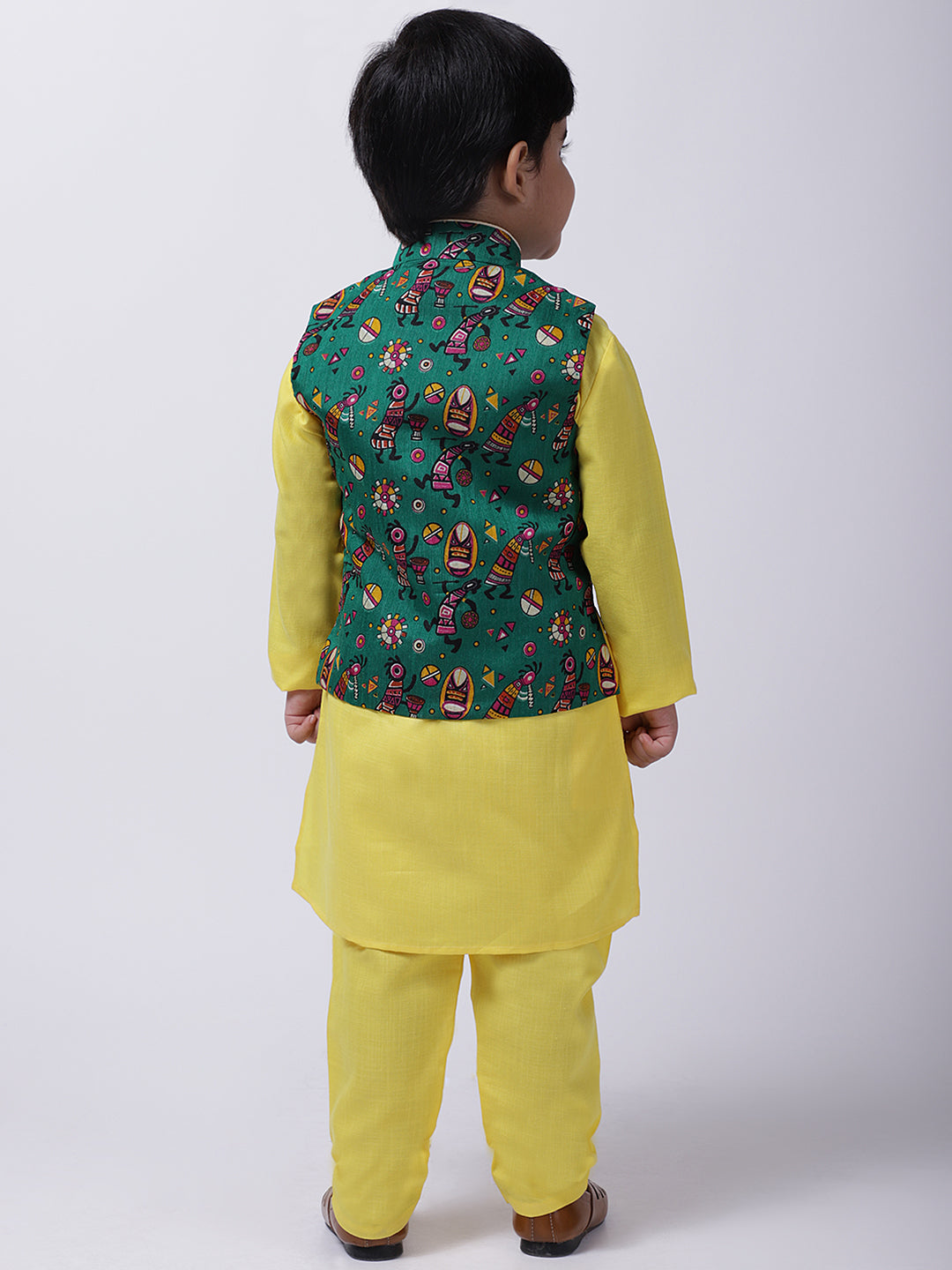 BownBee Tribal Print Jacket With Stand Collar Kurta Pajama-Green