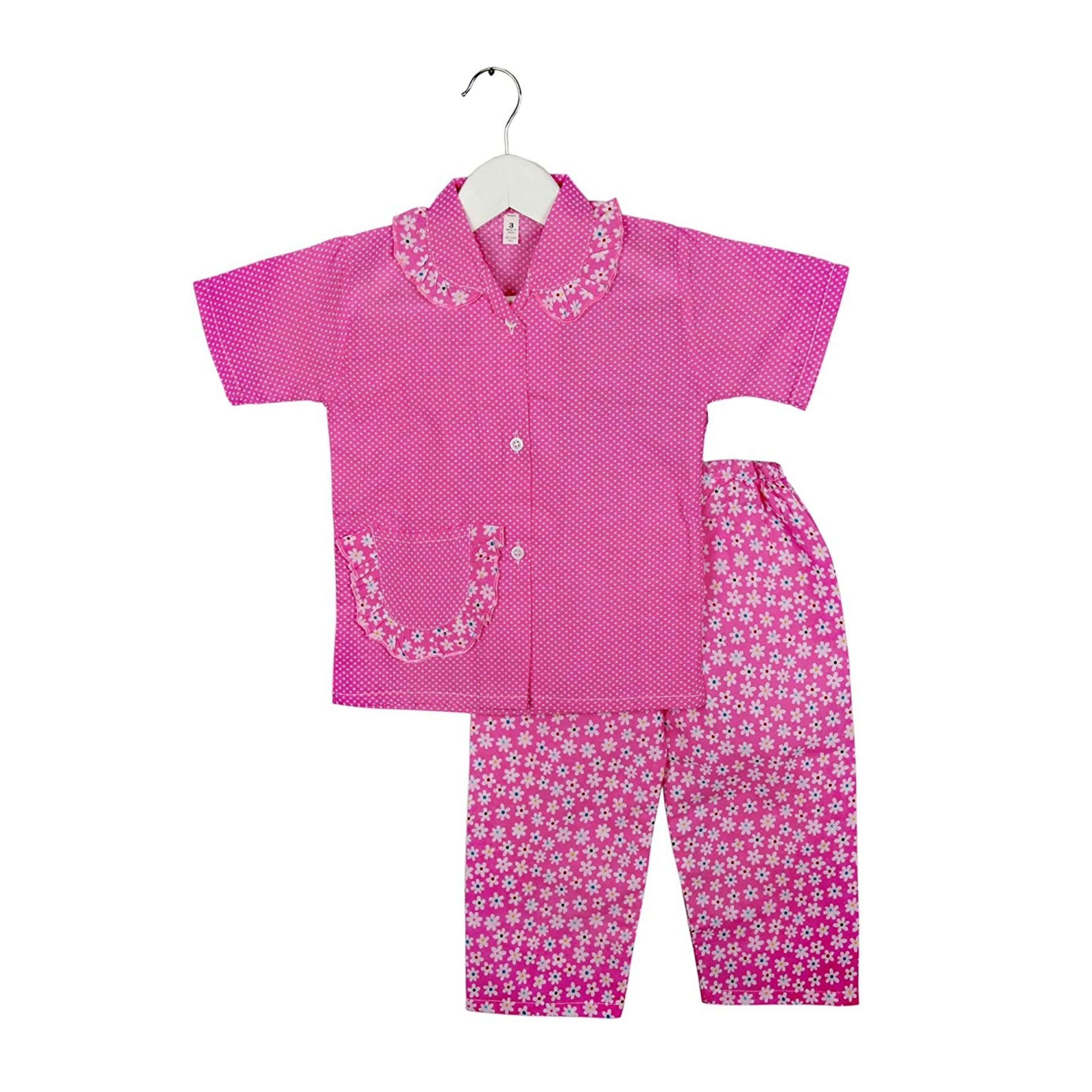 BownBee Half Sleeve Small Flower Print Kids Night Suit - Pink