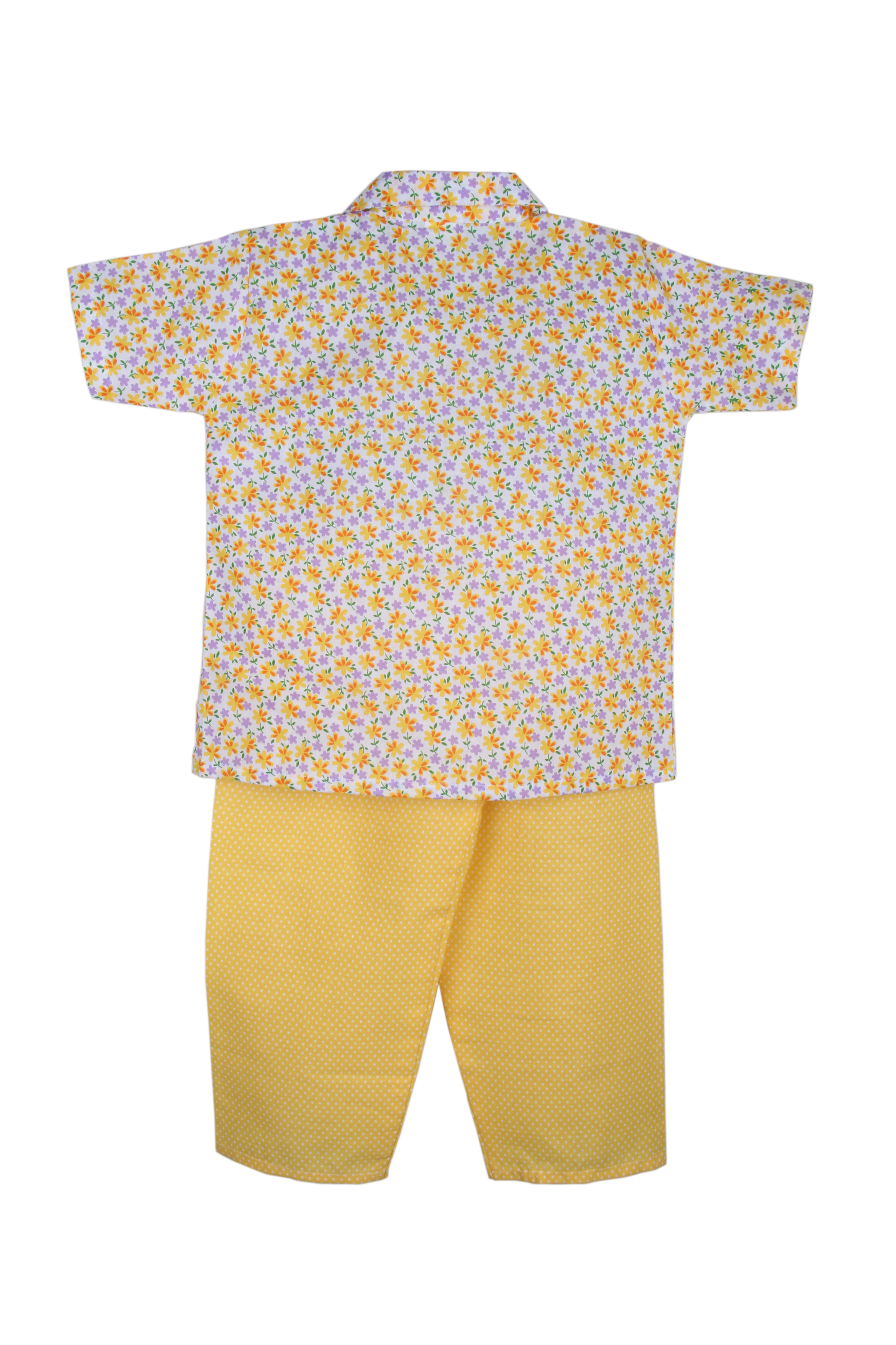 BownBee Flower print Cotton Night Suit for Girls - Yellow