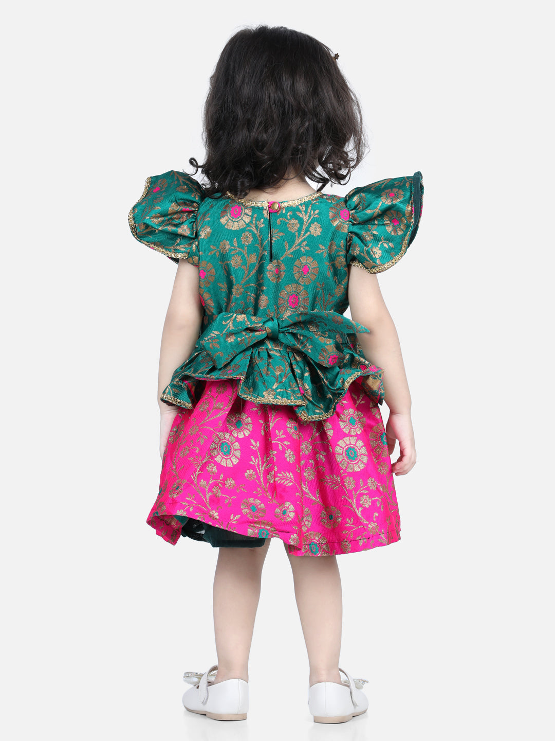 BownBee Short Flutter Sleeves Floral Foil Printed Ruffle Detail Dress - Green