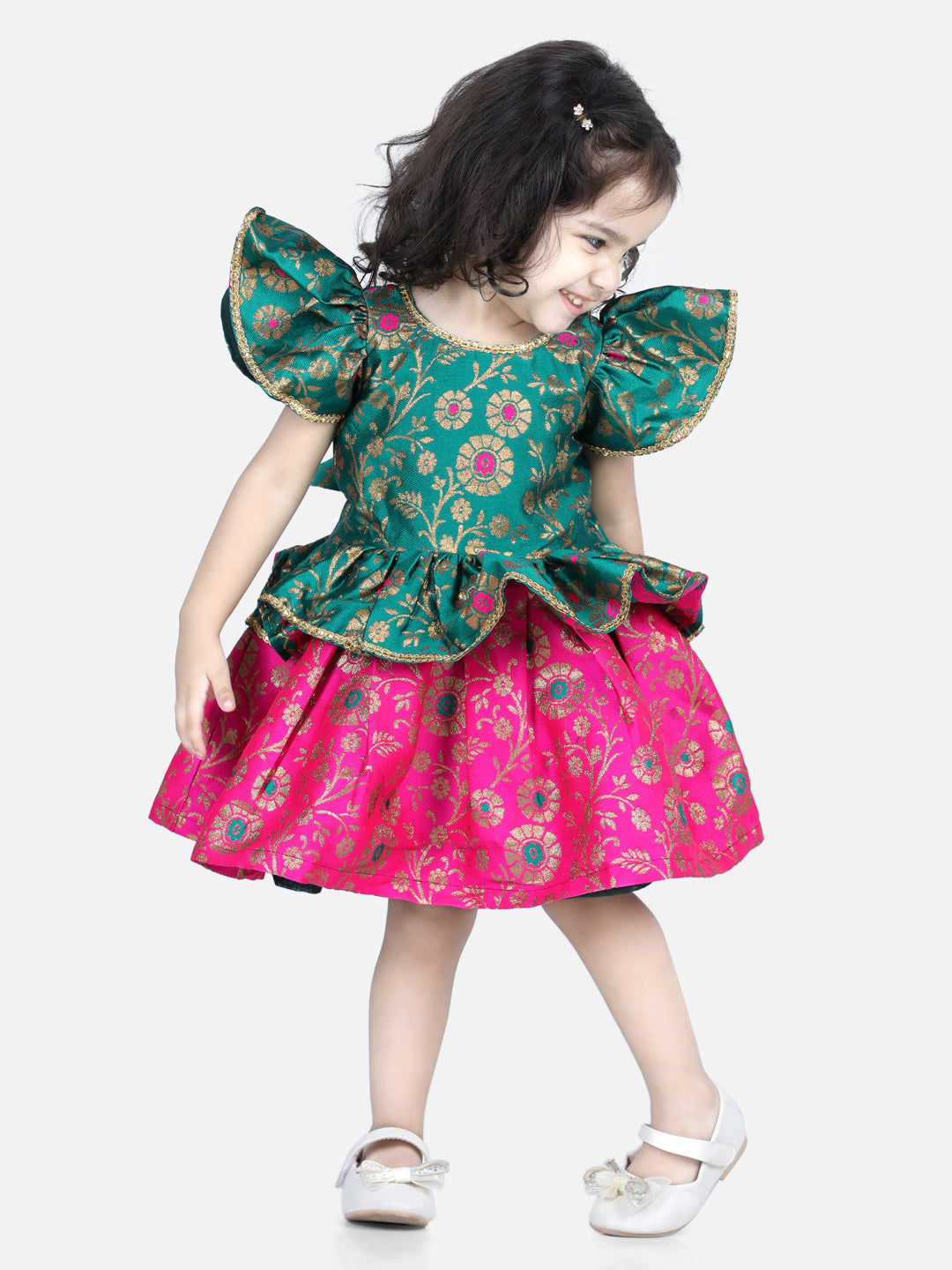 BownBee Short Flutter Sleeves Floral Foil Printed Ruffle Detail Dress - Green