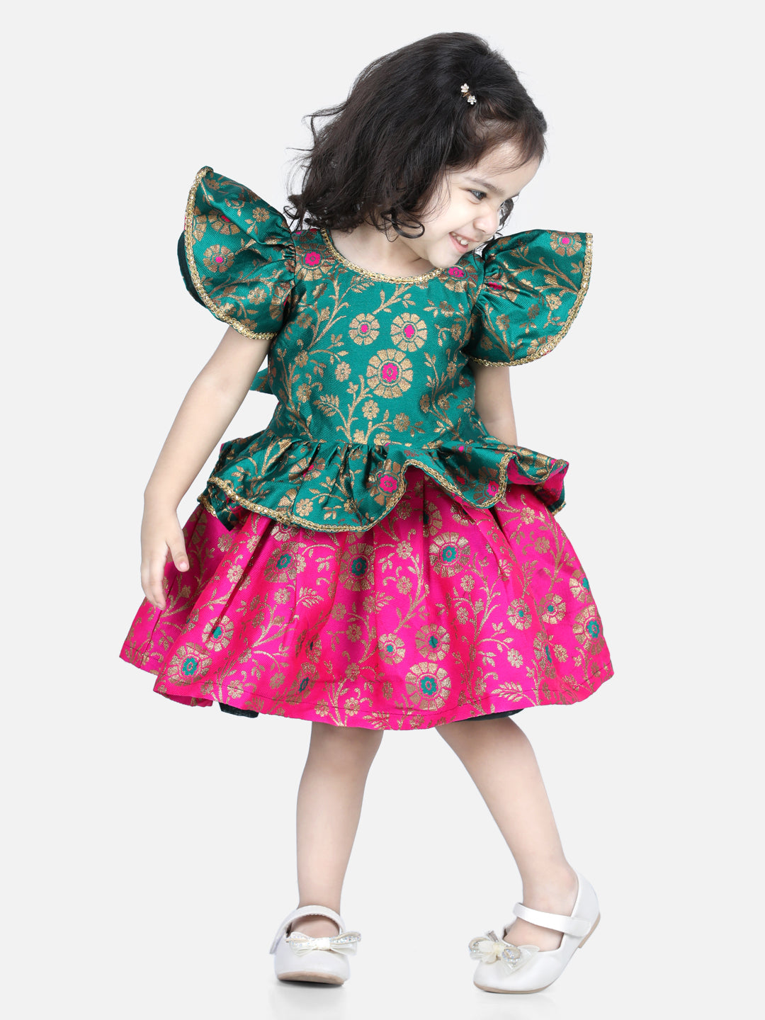 BownBee Short Flutter Sleeves Floral Foil Printed Ruffle Detail Dress - Green
