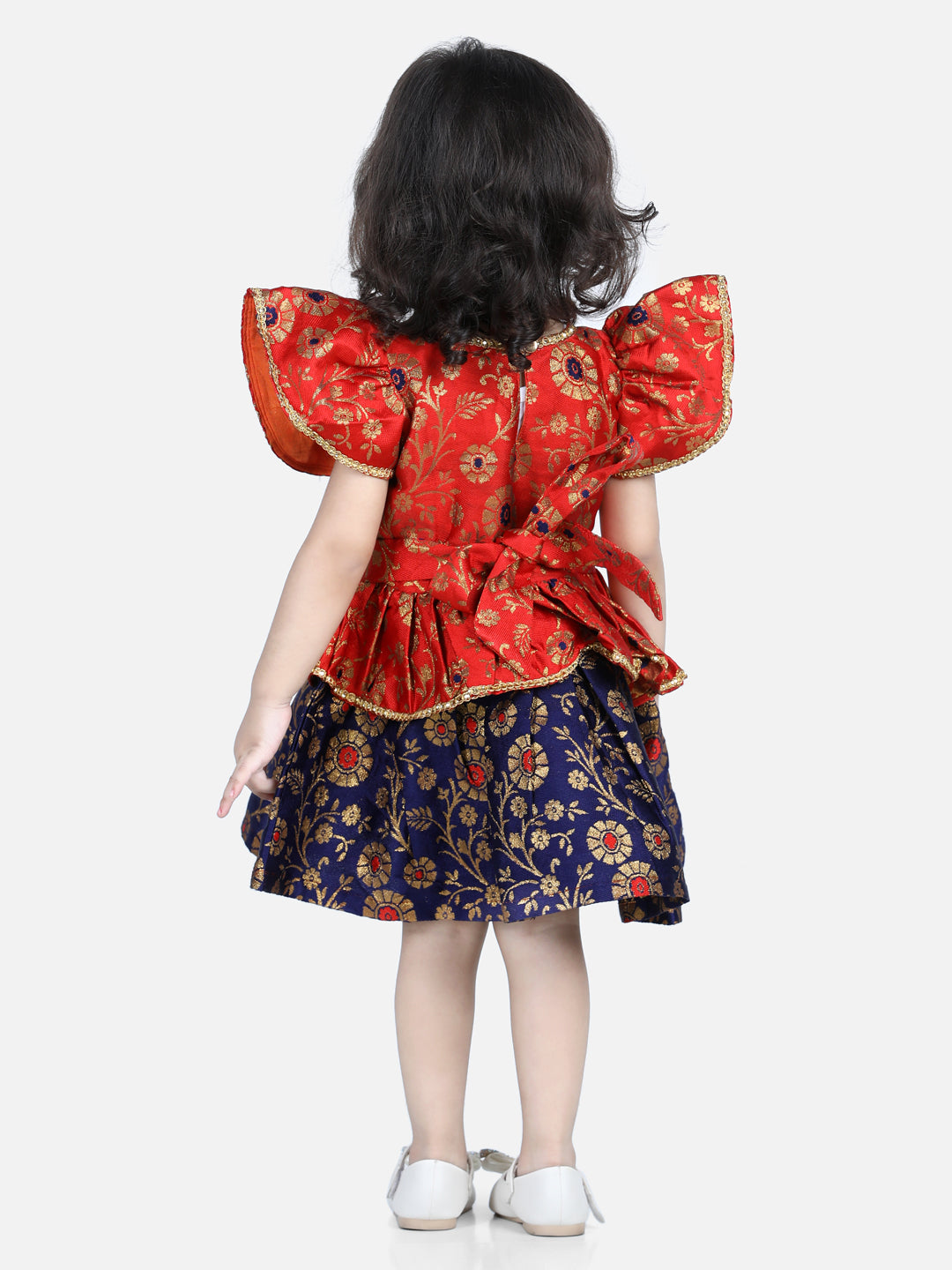 BownBee Short Flutter Sleeves Floral Foil Printed Ruffle Detail Party Dress - Orange