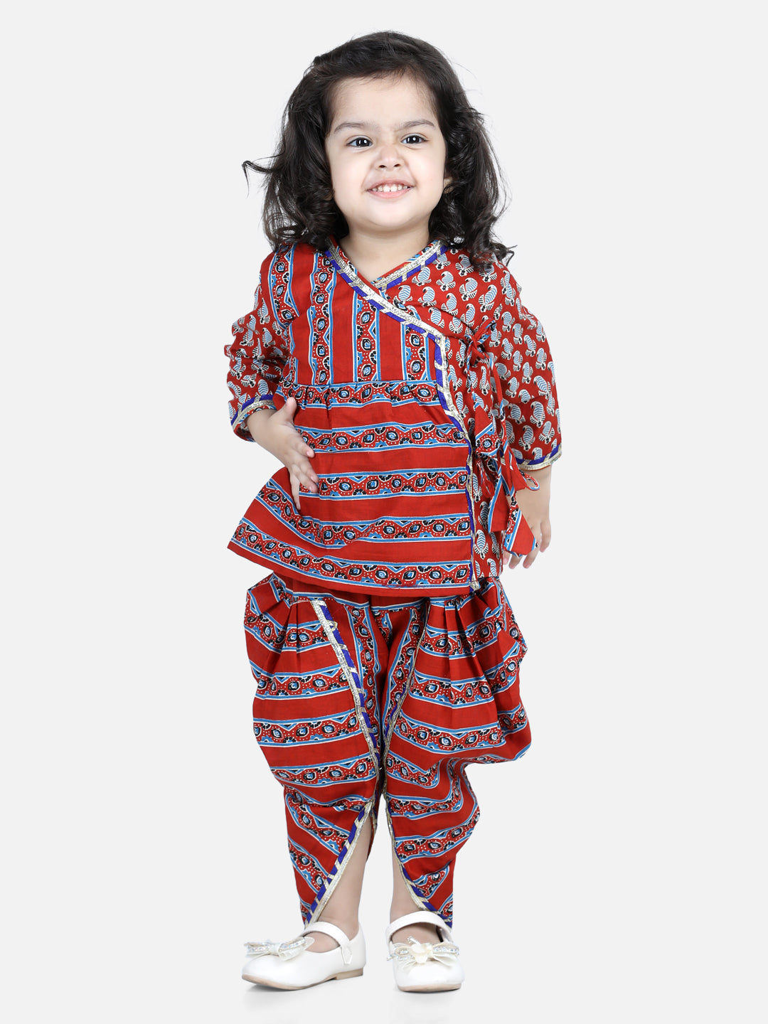 BownBee Front Open Pure Cotton Angrakha Top Dhoti for Girls- Red
