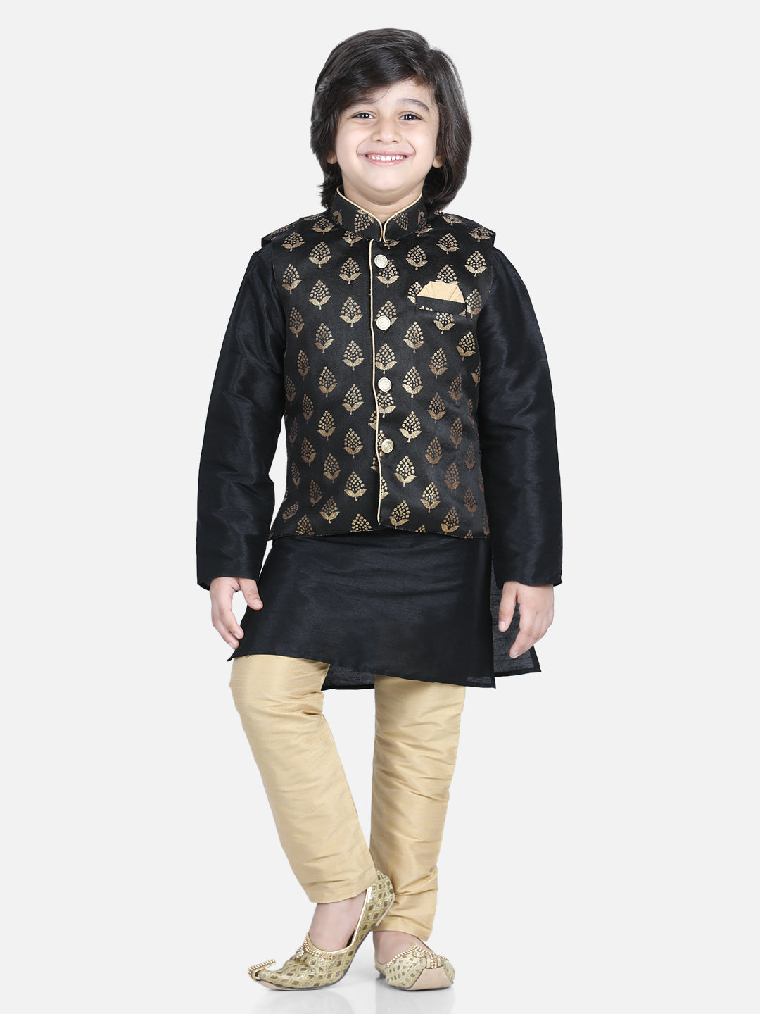 BownBee Full Sleeves Silk Kurta With Pajama & Jacquard Peacock Feather Design Jacket - Black