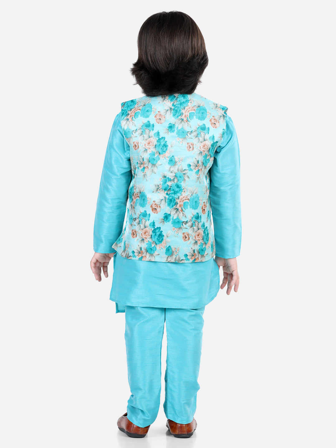 BownBee Full Sleeves Asymmetrical Kurta With Floral Print Jacket & Pyjama - Blue