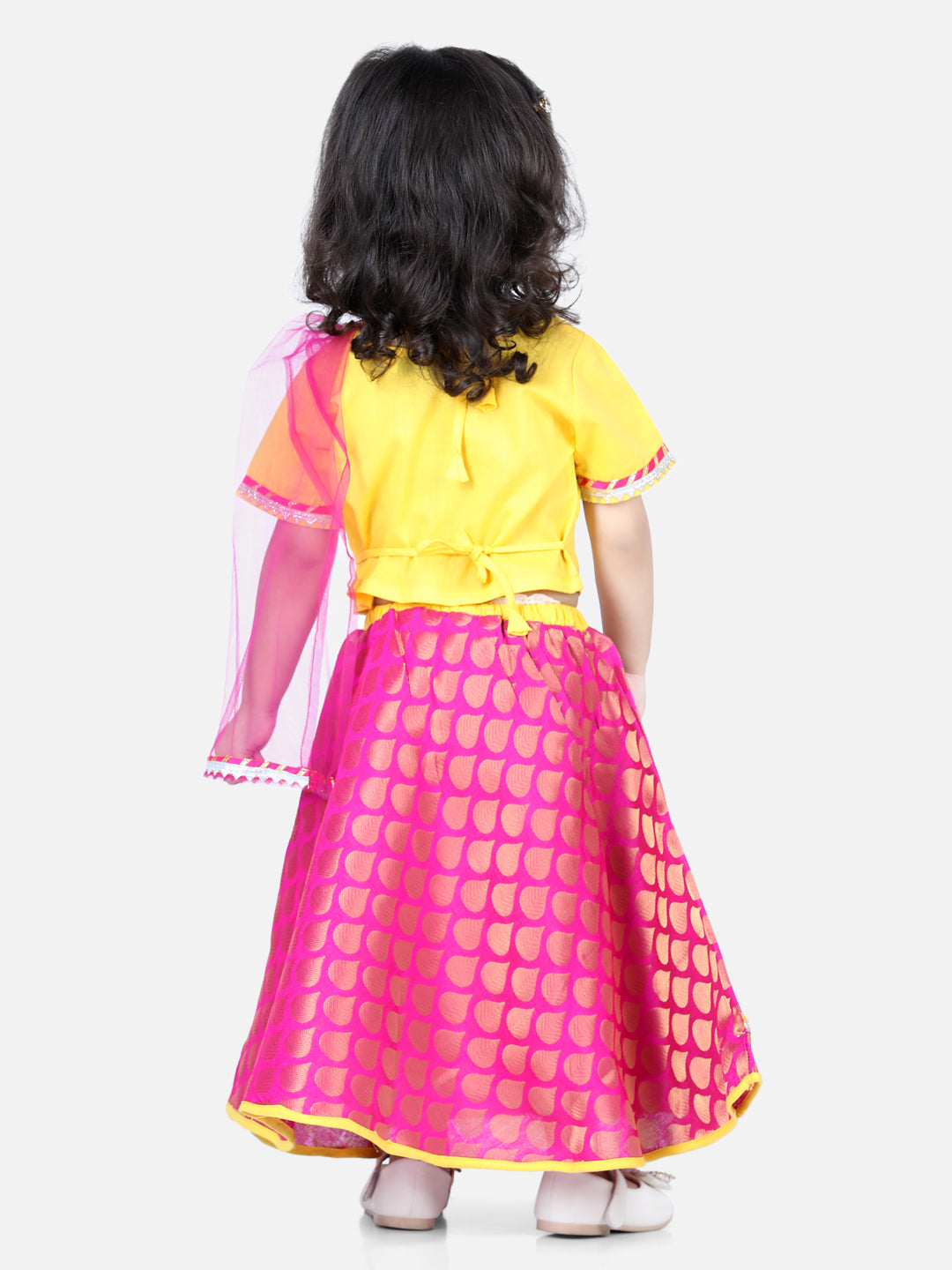 BownBee Half Sleeves Lace Embellished Top & Jacquard Detailed Lehenga With Dupatta - Yellow