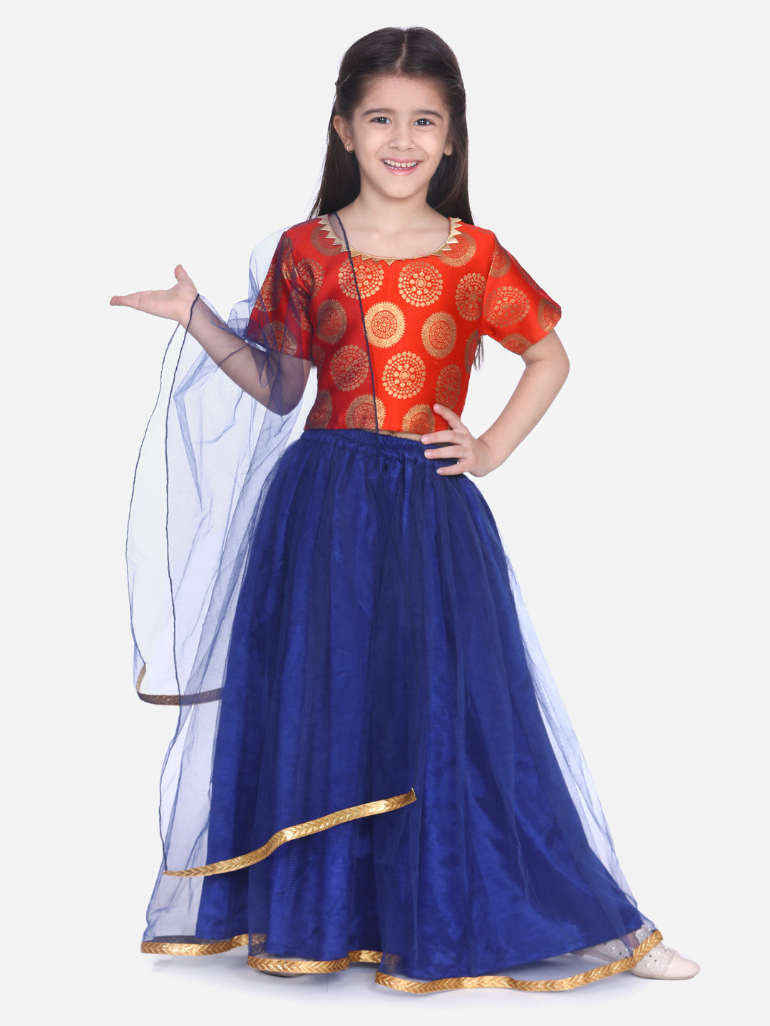 BownBee Half Sleeves Motifs Detail Jacquard Top With Net Lehenga And Dupatta Sets-Super Sale