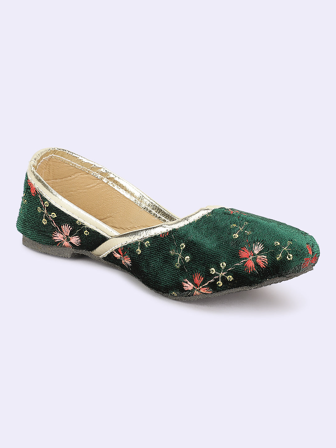 BownBee Floral Embroidered Ethnic Juttis - Green