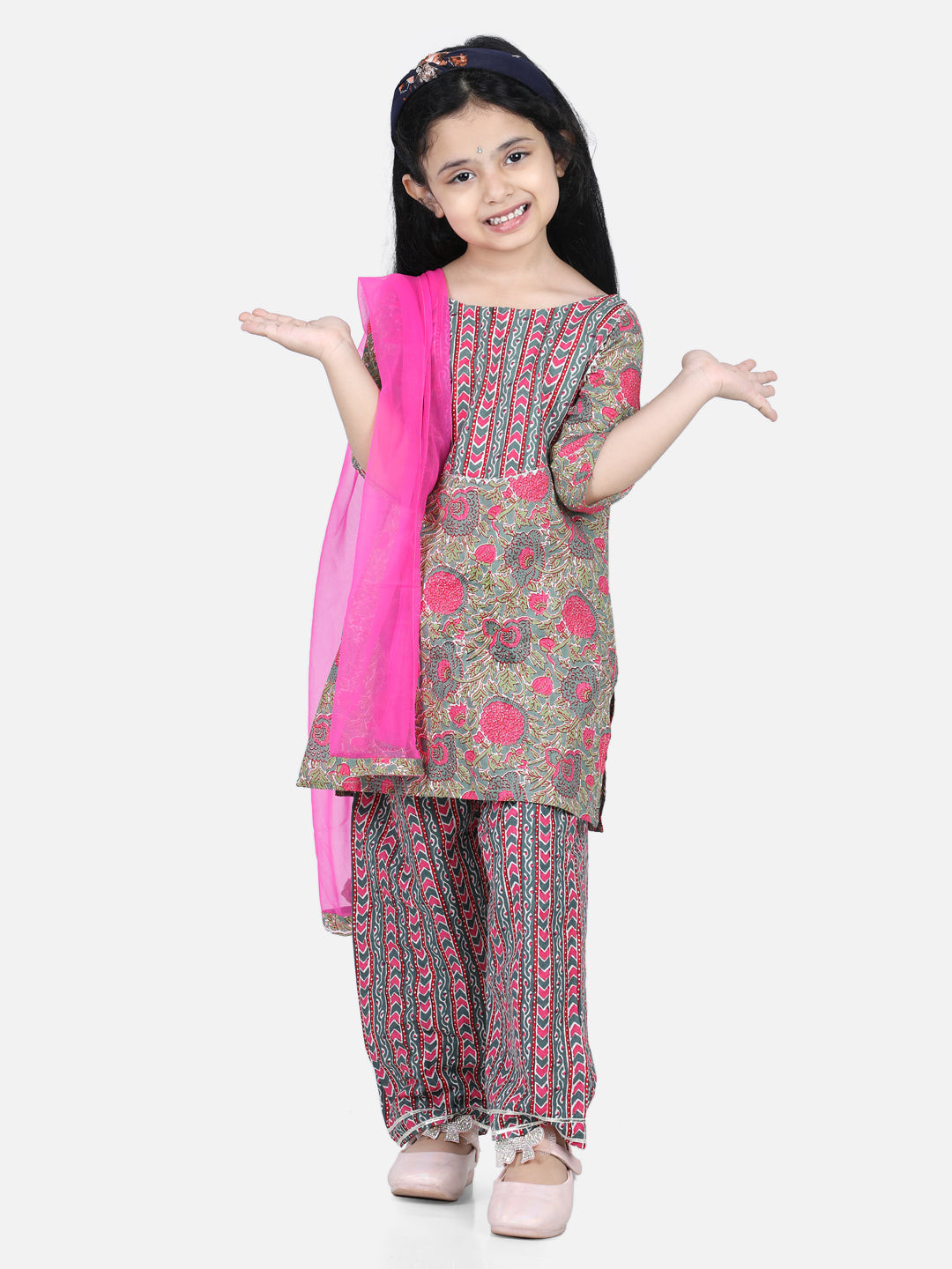 BownBee Pure Cotton Three Fourth Sleeves Floral Printed Kurta & Pajama With Dupatta -Super Sale