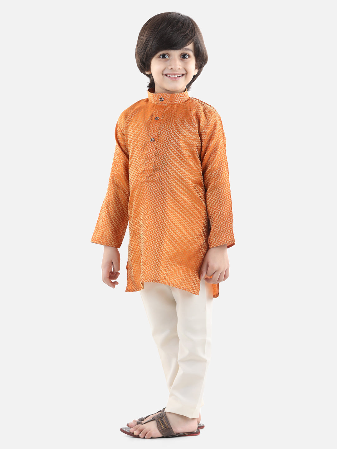 BownBee Full Sleeve Jacquard Kurta Pajama- Orange