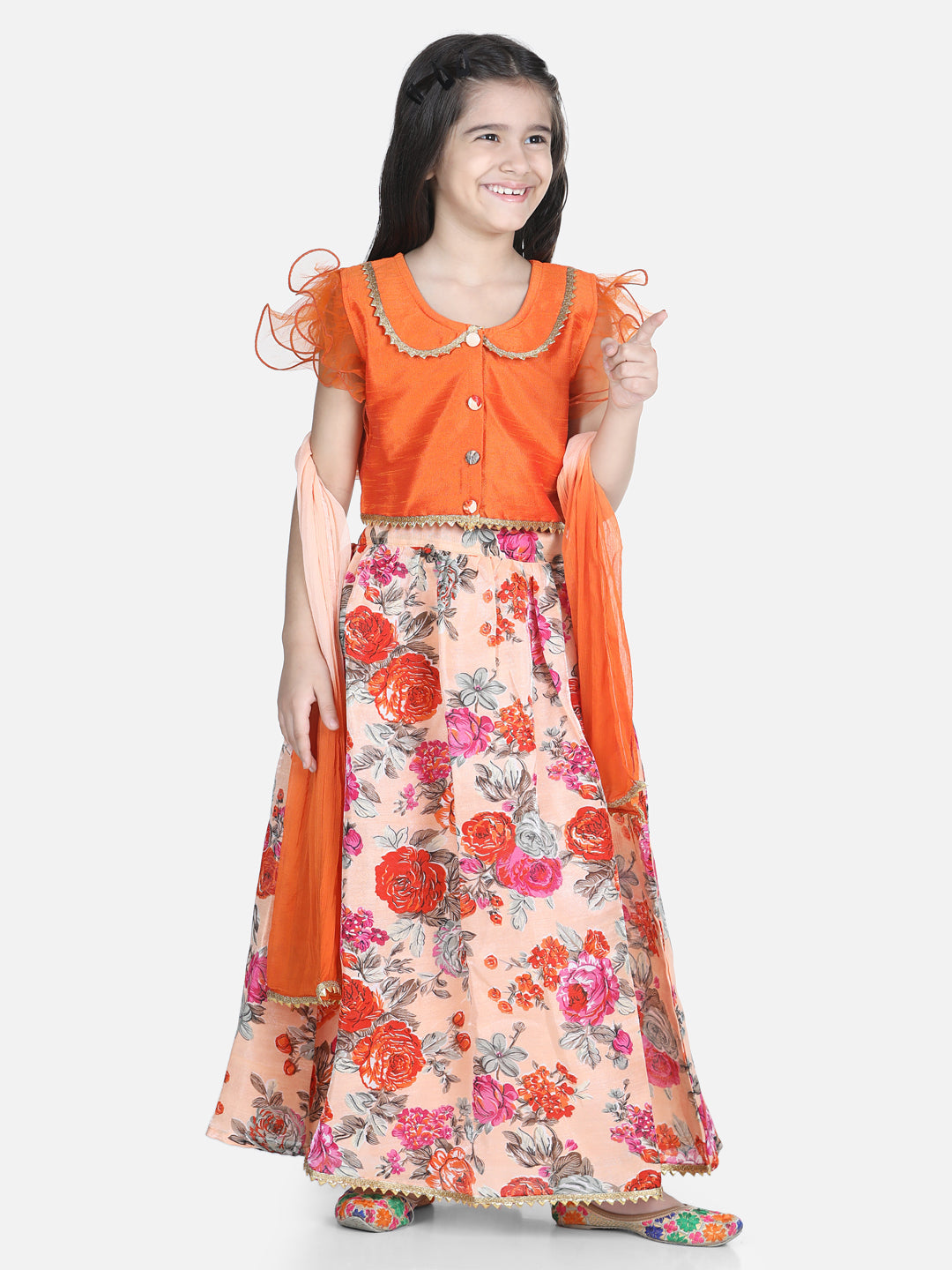 BownBee Ruffle Sleeve Floral Lehenga with Dupattta- Orange