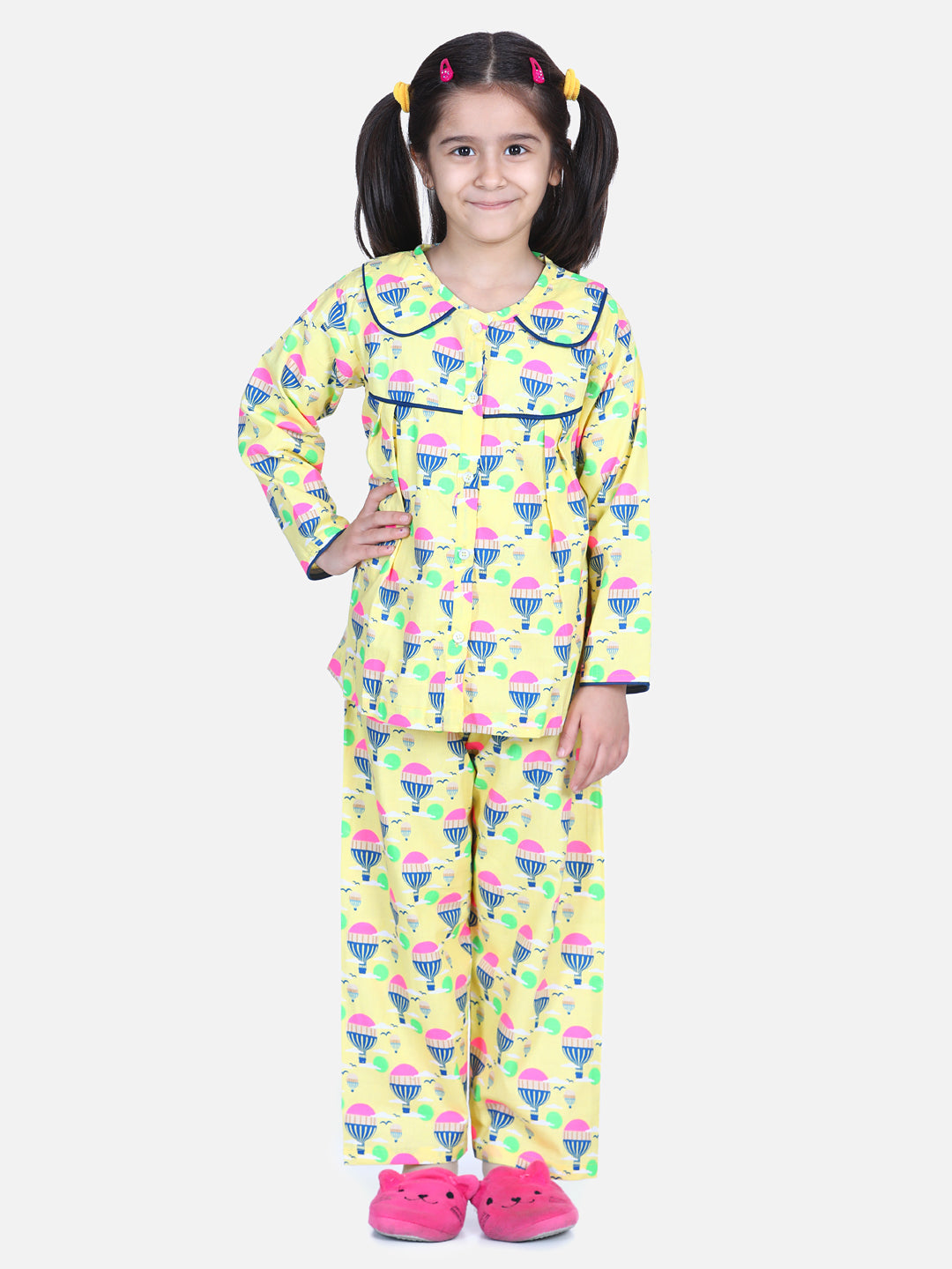 BownBee Full Sleeve Printed Girls Night Suit- Yellow