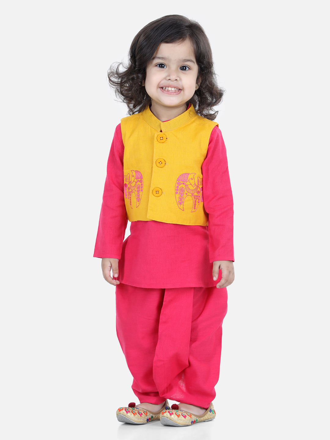 BownBee Full Sleeves Solid Kurta And Dhoti With Front Open Embroidered Jacket - Yellow