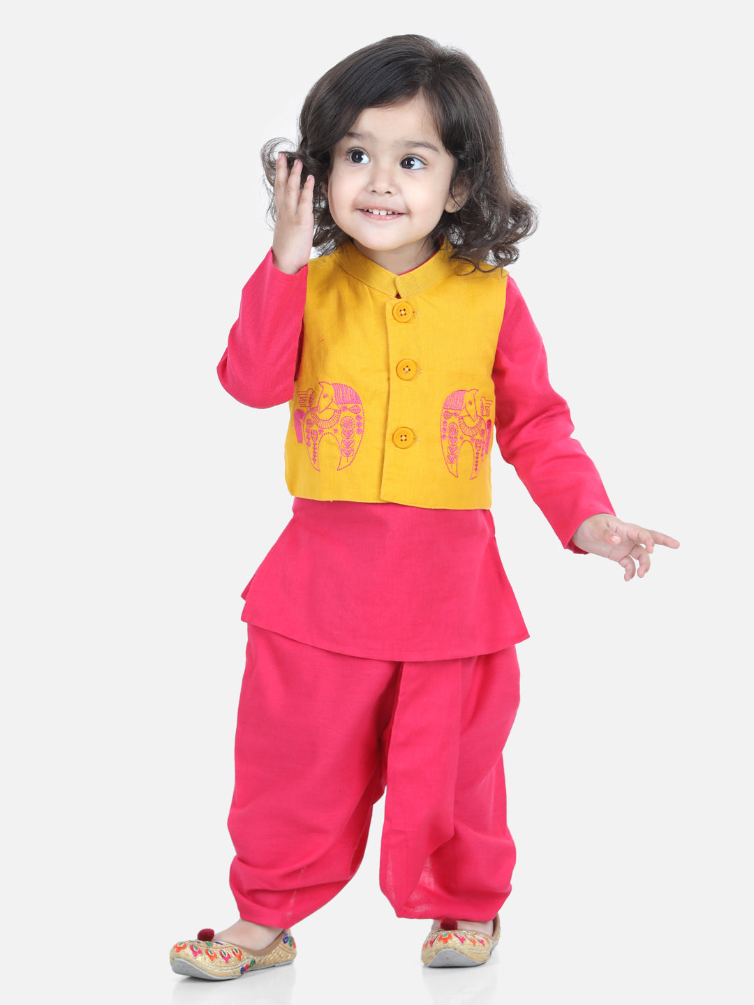 BownBee Full Sleeves Solid Kurta And Dhoti With Front Open Embroidered Jacket - Yellow