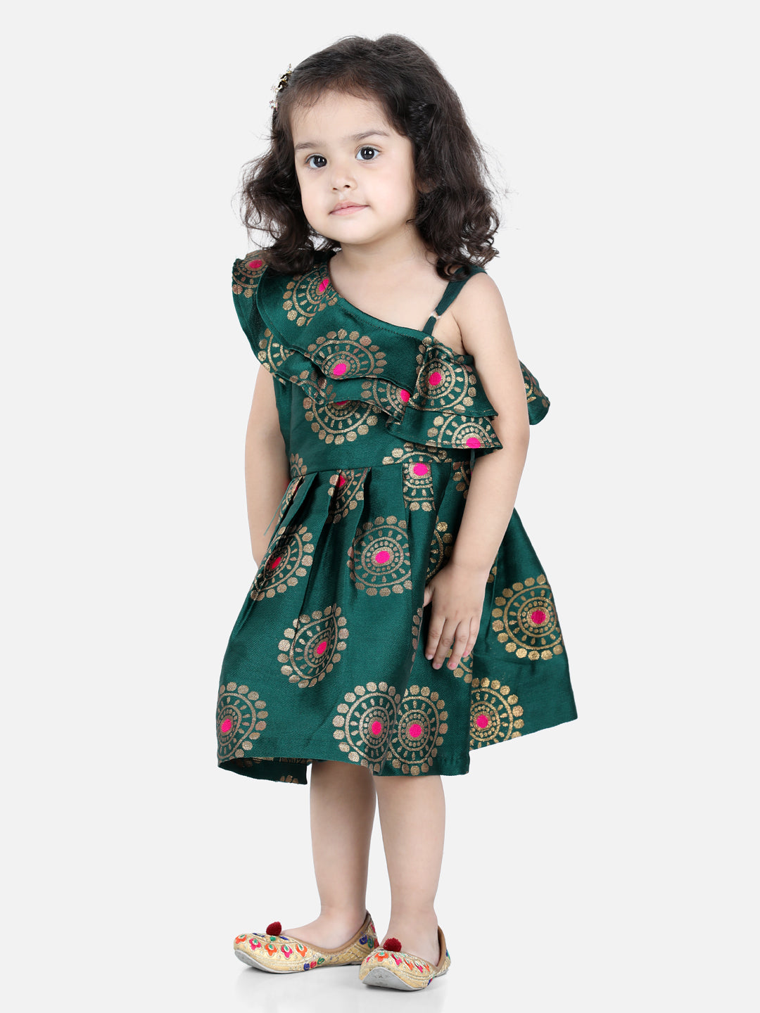 BownBee One Shoulder Cap Sleeves Frill Detail Floral Printed Dress - Green