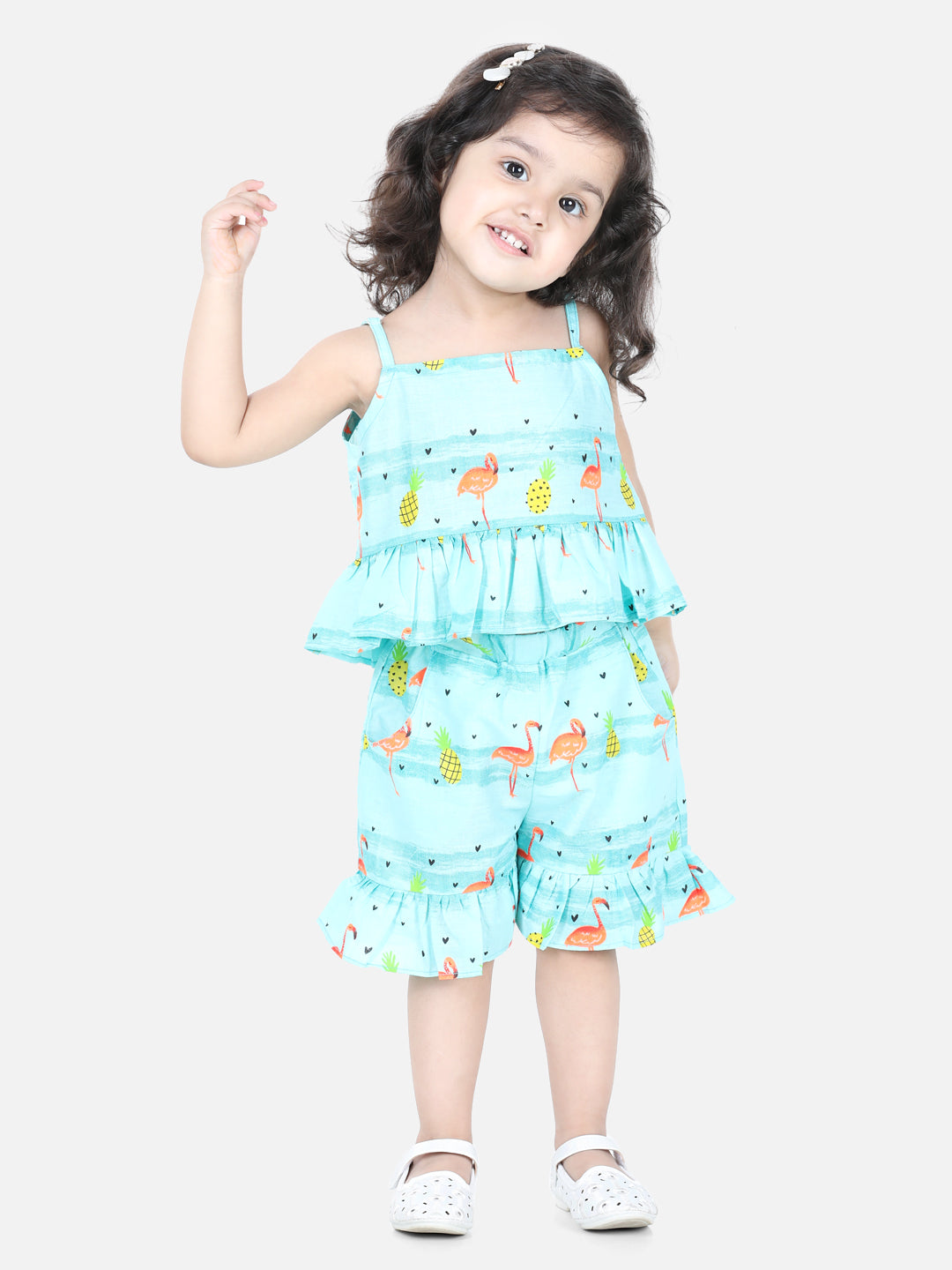 BownBee Sleeveless Flamingo Print Spaghetti Top With Shorts - Blue