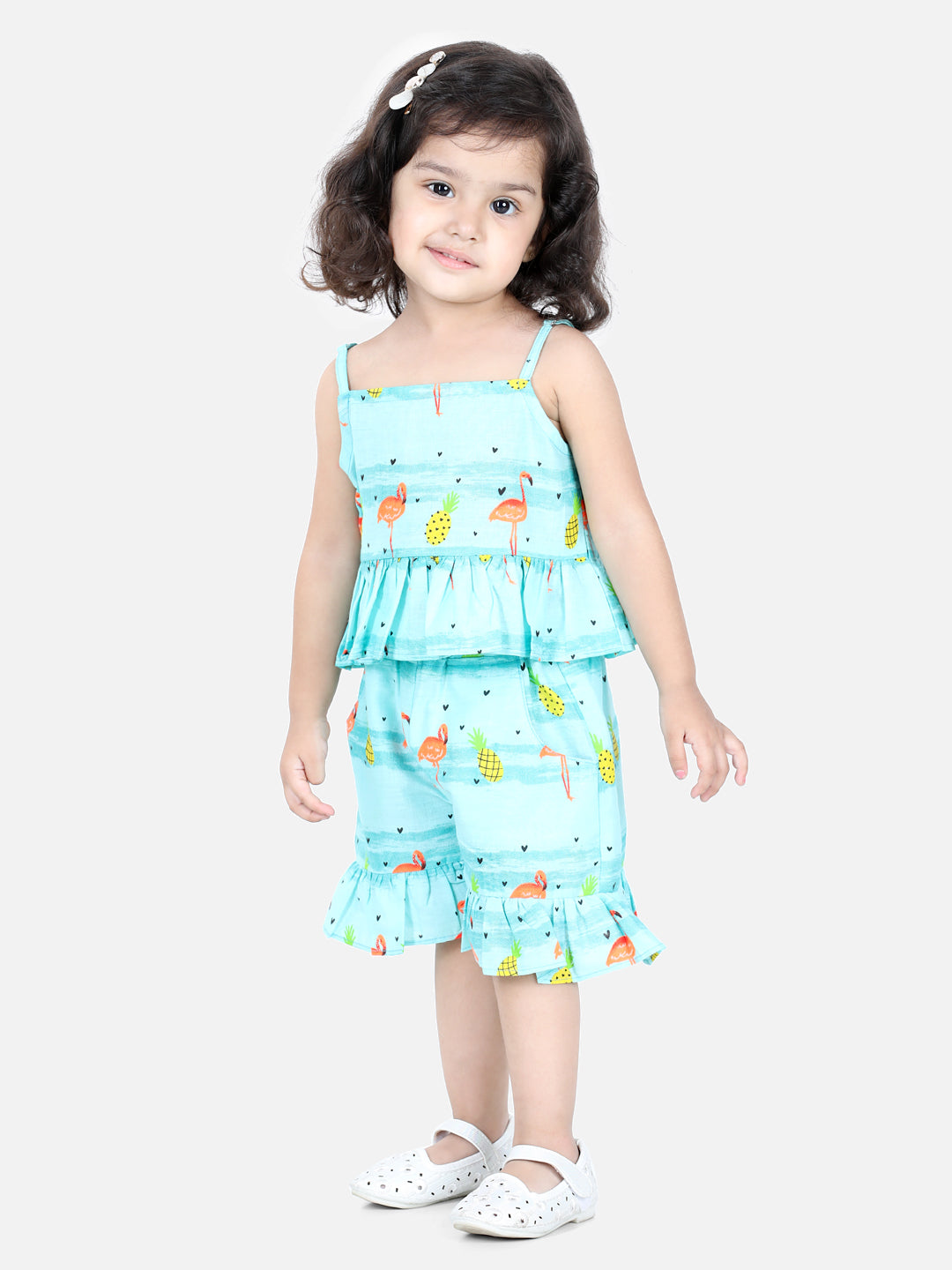 BownBee Sleeveless Flamingo Print Spaghetti Top With Shorts - Blue